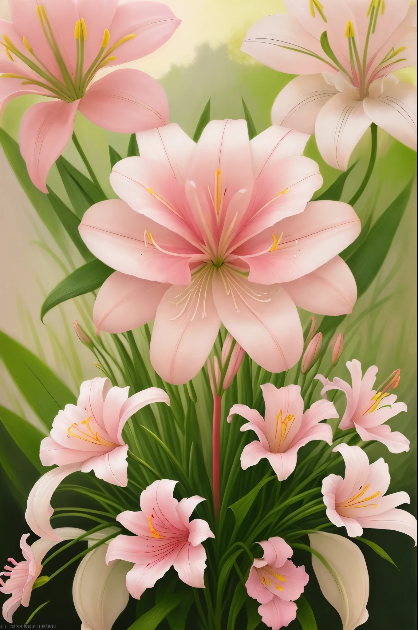 there are many pink and white flowers in the garden, lillies, lilies, lily, lily flowers, big lilies, incredibly beautiful, beautiful!!!!!!!!!, lily flower, by Charles Billich, pink white and green, by Leonard Bahr, light pink tonalities, large exotic flowers, lily petals, unbelievably beautiful, amazing beauty, by Jim Nelson, by Jan Rustem