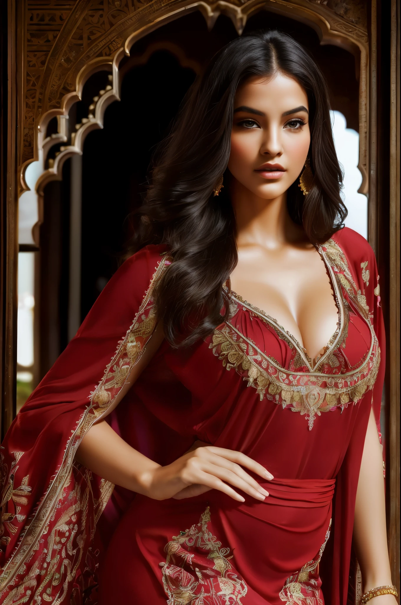  stunning young woman with Moroccan heritage, cultural identity, beauty with intricate details, from the graceful curves of her traditional attire to the subtle nuances of her features that reflect both strength and grace ,olive-toned skin ,vibrant colors of her clothing ,  showcases her physical beauty ,radiates the warmth and diversity of Moroccan culture ,(best quality,4k,8k,highres,masterpiece:1.2),ultra-detailed,(realistic,photorealistic,photo-realistic:1.37) ,
flawless skin ,radiating confidence and elegance ,perfect proportions, enviable hourglass shape,
 raven-black hair,
cleavage breasts,((wearing a (red) sexy ethnic style embroidered Kaftan Dress)),(sharp focus),(portraits),(ultra-detailed, highres, colorful),
vibrant color,simple background,professional photography. closeup front  view 