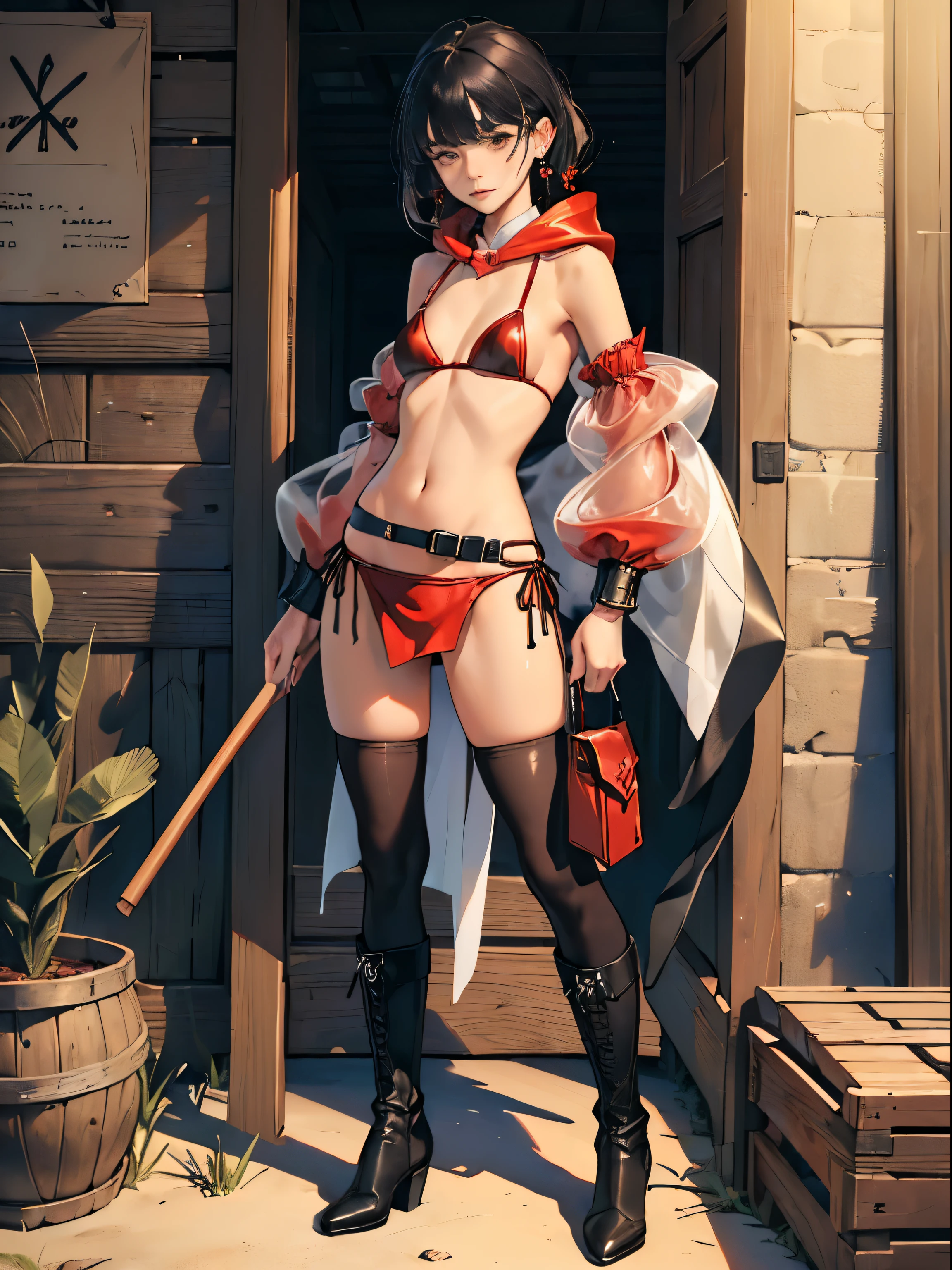 (((((middle-aged women))))), masterpiece, super detailed, 8K portrait, RAW photo, portrait photography, highly detailed face, ((fantasy)), 1 female, (((short woman))), (((magician))), (((((nervous look))))), (((static standing pose))), 33 years old, (((((Exhibitionist Woman))))), (((Black little eyes))), (((black straight hair))), (((Eyes are hidden by bangs))), Larger earrings, (((white skin color))), (((((cloudy red puffy sleeve bikini))))), (((micro skirt))), (((silk cloak))), (((little waist hip pouch))), (((see-through tights))), (((leather boots))))), (((Equip a long wooden stick))), midday sun, surreal, ((((flat chest)))), (((((small breasts))))), (((thick thighs))), long legs, In the medieval adventurer's guild, environmental lighting, shadow details , Focus the camera on the thigh, strong wind, light fog