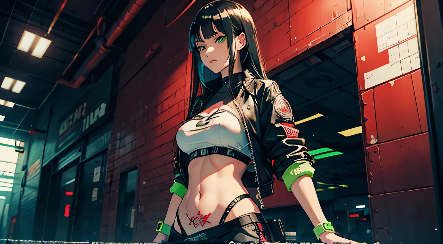1 girl, solo, long_hair, bangs_between_the_eyes black_hair_with_strands_green, bi_color_ green_neon eyes, sexy_face, HOLDING IN HIS HANDS A SWORD STICKED INTO THE GROUND, cyberpunk_clothes, short_jacket, navel appears, short_skirt, scarred_legs, left_arm_band, tattoo_above_navel_background_of_abandoned_AIRPORT_red, manga_style_image .