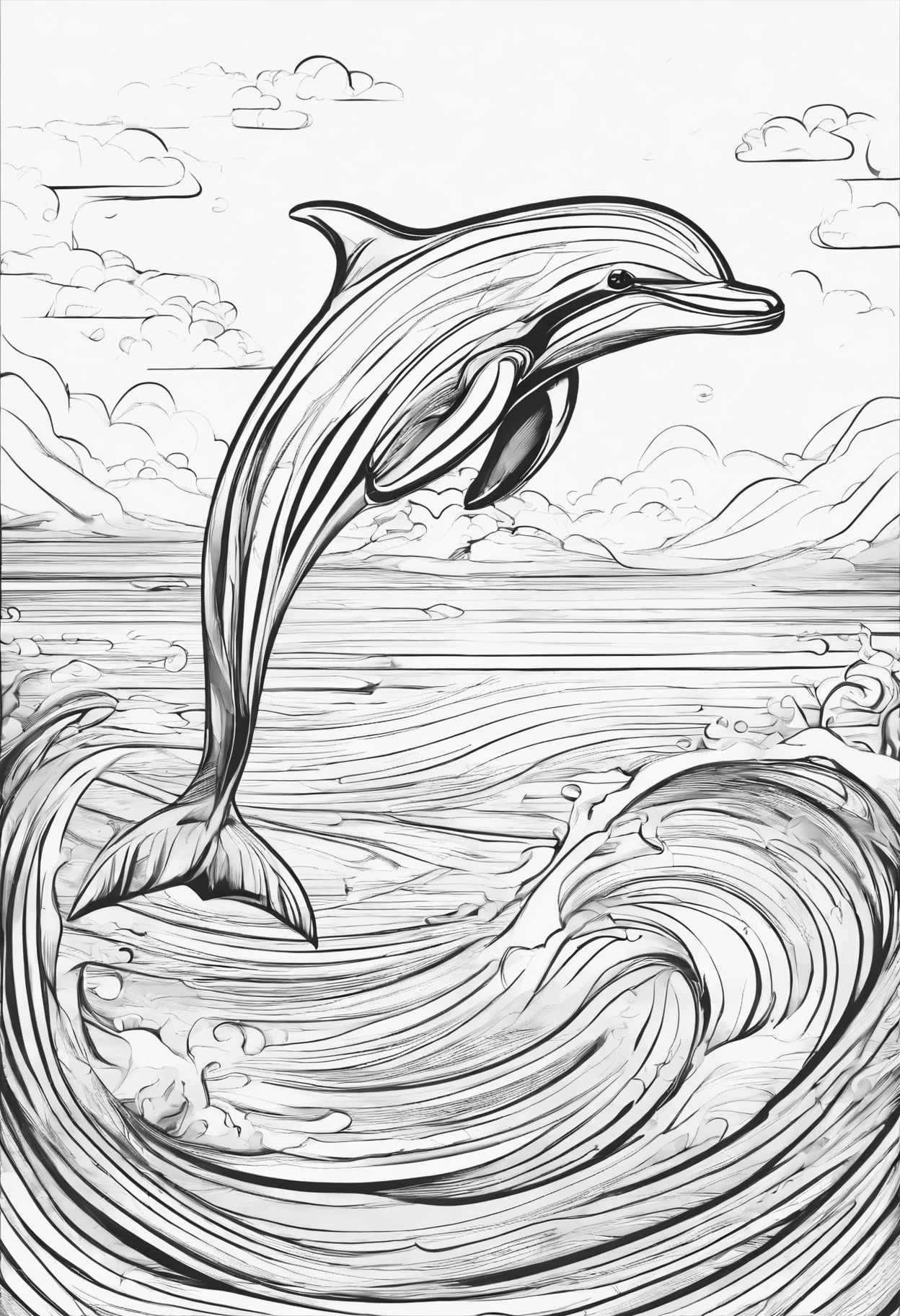 Black and white outline art coloring book pages,, A playful dolphin leaping out of the waves. children's style, white background, whole body, sketch style, full body ((white background)), only outlines used, cartoon style, lines, coloring book, clean lines, background. White, Sketch style, Coloring page for kids, cartoon style, clean line art high detailed, no background, white, black, coloring book, sketchbook, realistic sketch, free lines, on paper
