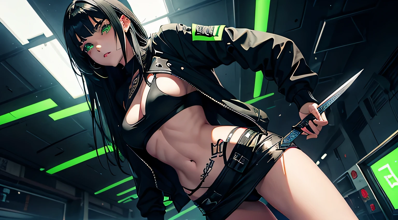 1 girl, solo, long_hair, bangs_between_the_eyes black_hair_with_strands_green, bi_color_ green_neon eyes, sexy_face, HOLDING IN HIS HANDS A SWORD STICKED INTO THE GROUND, cyberpunk_clothes, short_jacket, navel appears, short_skirt, scarred_legs, left_arm_band, tattoo_above_navel_background_of_abandoned_AIRPORT_red, manga_style_image, big breast, face close up