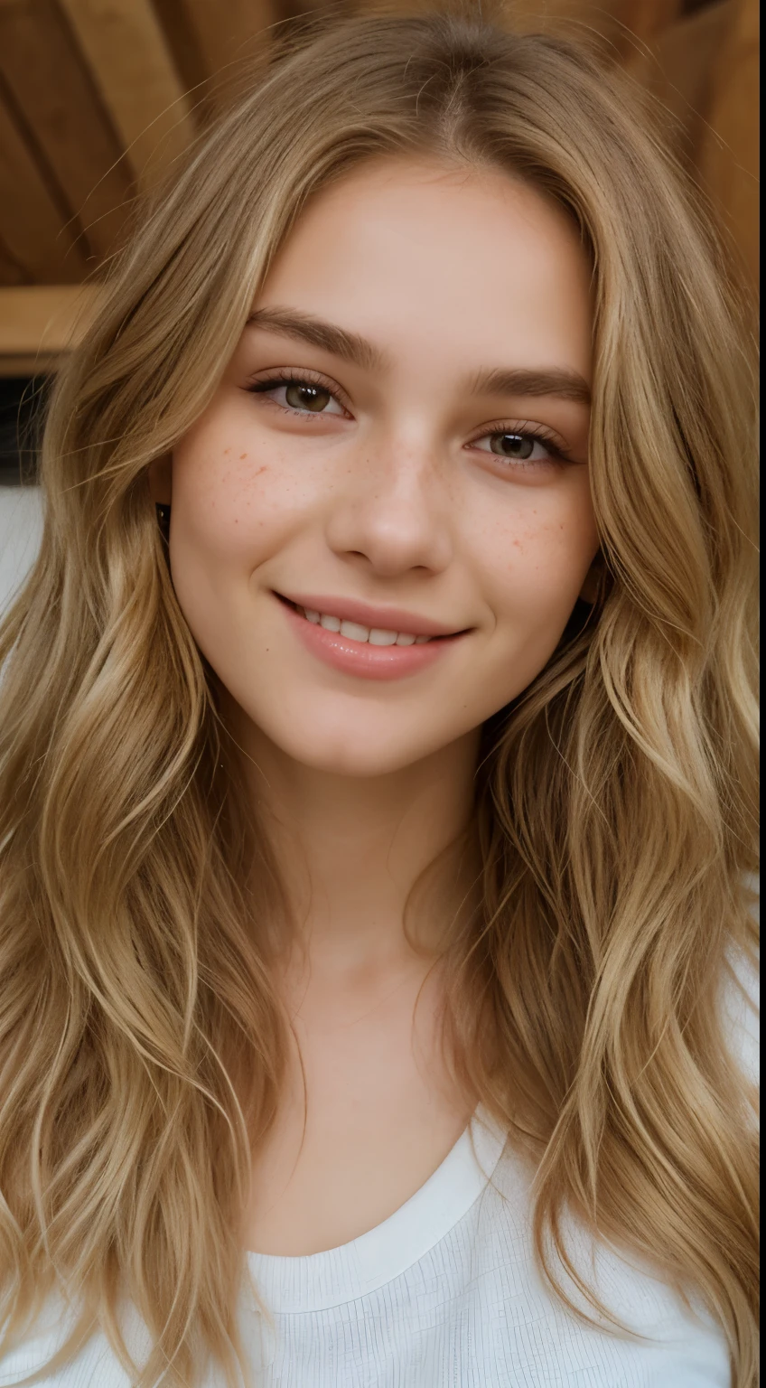 portrait photo of 23 year old cute girl, only face, looking at the audience, blonde long wavy and fluffy hair, defined jawline, clean skin, light brown symmetrical eyes, cute nose, red big lips, smile, white teeth, tanned skin, freckles, reddish cheeks