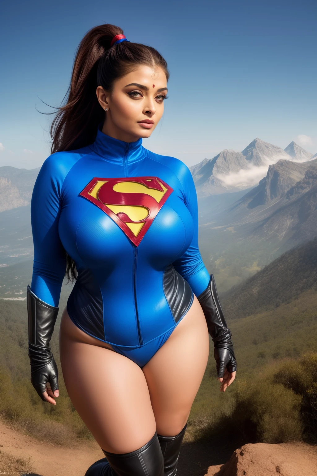 Aishwarya rai as super woman superhero, full body image, knee high boots, red short skirt suit, mature athletic curvy figure, ((ponytail tied hair)), posing in mountain top, day scene, mature hourglass milf figure, cleavage show, seductive face, erotic adult face, 45 yo milf, soft volumetric lights, intricate details, (ArtStation:1.2)