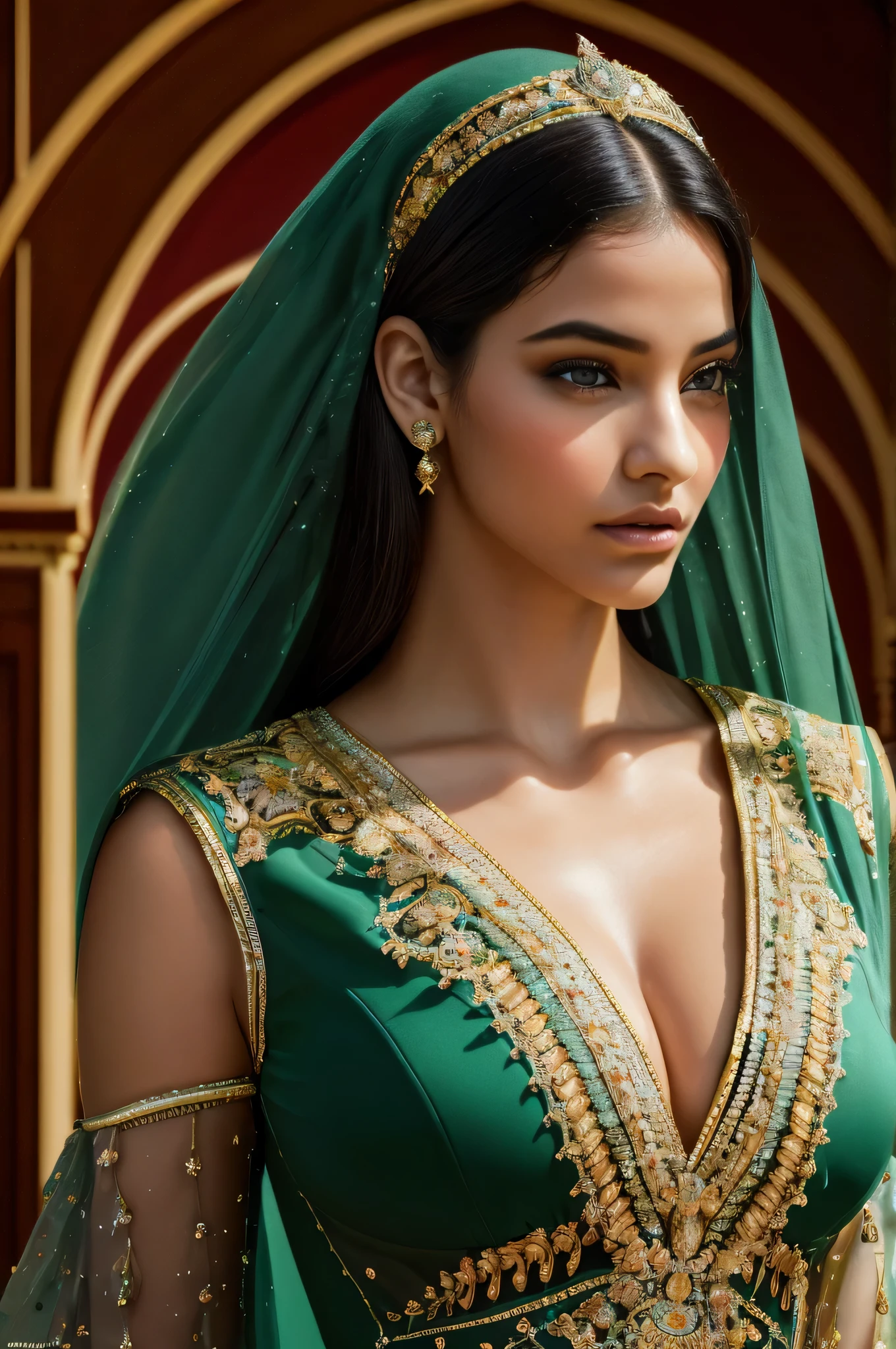 stunning young woman with Moroccan heritage, cultural identity, beauty with intricate details, from the graceful curves of her traditional attire to the subtle nuances of her features that reflect both strength and grace ,olive-toned skin ,vibrant colors of her clothing ,radiates the warmth and diversity of Moroccan culture ,(best quality,4k,8k,highres,masterpiece:1.2),ultra-detailed,(realistic,photorealistic,photo-realistic:1.37) ,
flawless skin ,radiating confidence and elegance ,perfect proportions, enviable hourglass shape,
raven-black hair,
cleavage breasts ,(ultra-detailed, colorful),
vibrant color, simple background ,professional photography. closeup front view