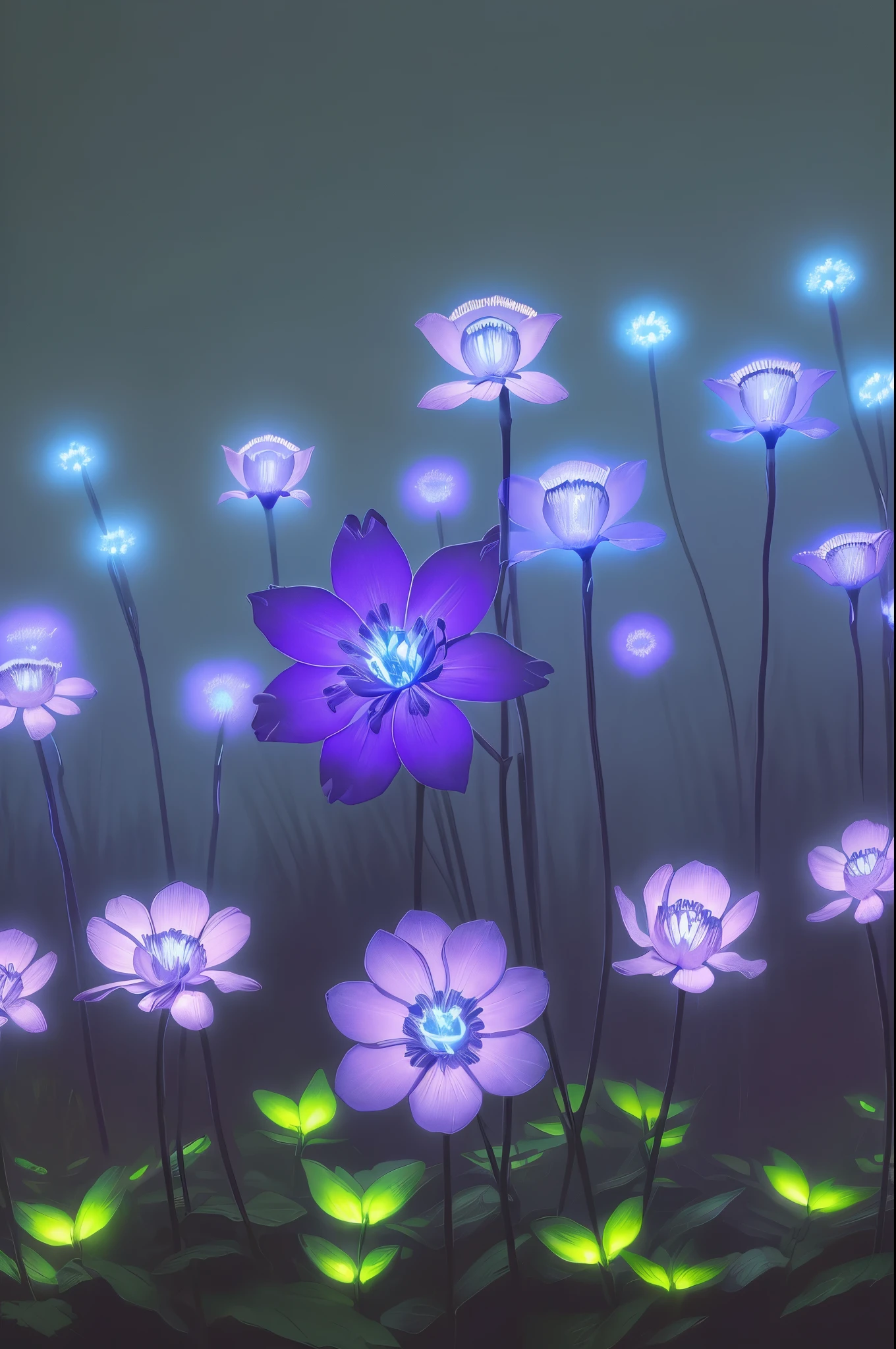 purple flowers with blue lights in the dark, digital art by Bruce Munro, flickr, digital art, glowing flowers, luminous flowers, bioluminescent plants, with glowing blue lights, glowing neon flowers, bioluminescent cyber - garden, luminescent plants, glowing blue, lights with bloom, glowing plants, beautiful blue lights