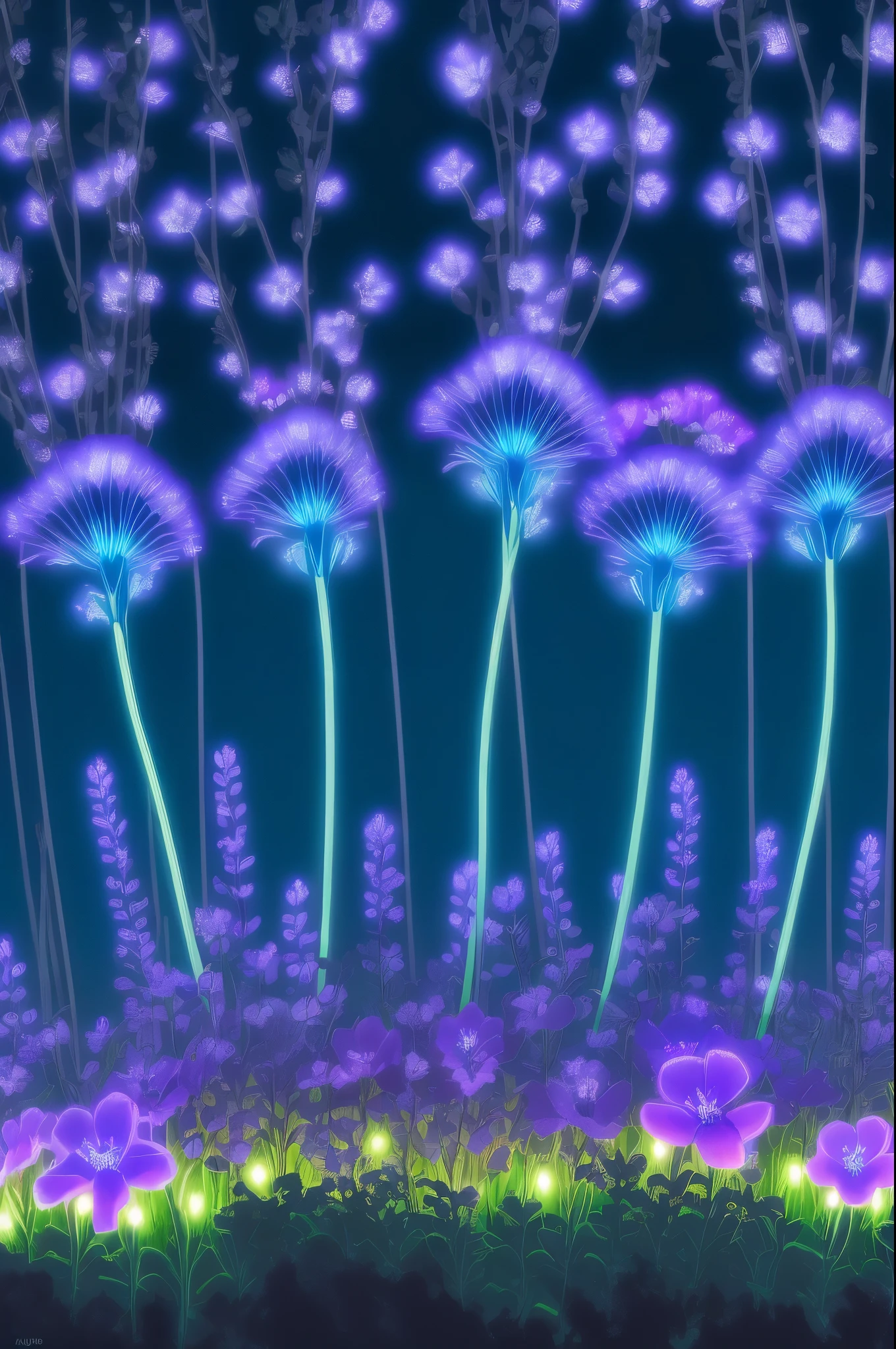 purple flowers with blue lights in the dark, digital art by Bruce Munro, flickr, digital art, glowing flowers, luminous flowers, bioluminescent plants, with glowing blue lights, glowing neon flowers, bioluminescent cyber - garden, luminescent plants, glowing blue, lights with bloom, glowing plants, beautiful blue lights