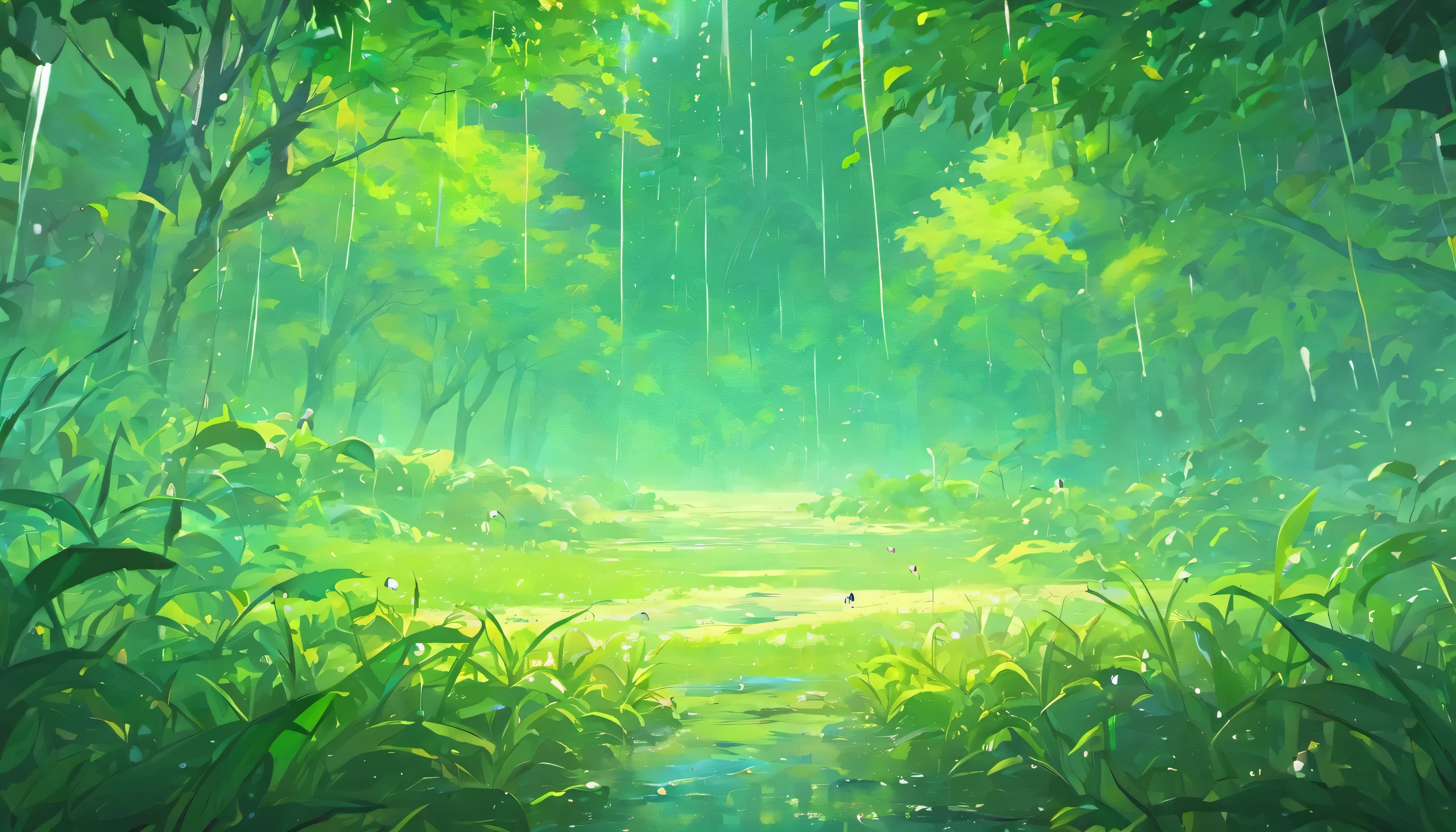 (((of the highest quality, 8K, masutepiece))), clear focus nature of rain: This rain is different from the usual rain、non-transparent water droplets、It is made of something like microscopic crystals..。these crystals shine in the air、appearance々It descends while emitting bright colors..。 light and shadows: When raindrops hit the ground or objects、Color and light reflection create beautiful patterns around you.。A rainbow-like spectrum emerges depending on the lighting.、Adds fantastic color to the surrounding scenery。 Environmental impact: This rain also gives blessings to plants just like normal rain., But、Due to its special properties、、Depends on where you fall, The surrounding plants change cot will look shining for a moment。.。 Atmosphere: The sound of rain is delicate、sounds like music to your ears。This rainy landscape is like a dream.、Creates a momentary beautiful illusion。