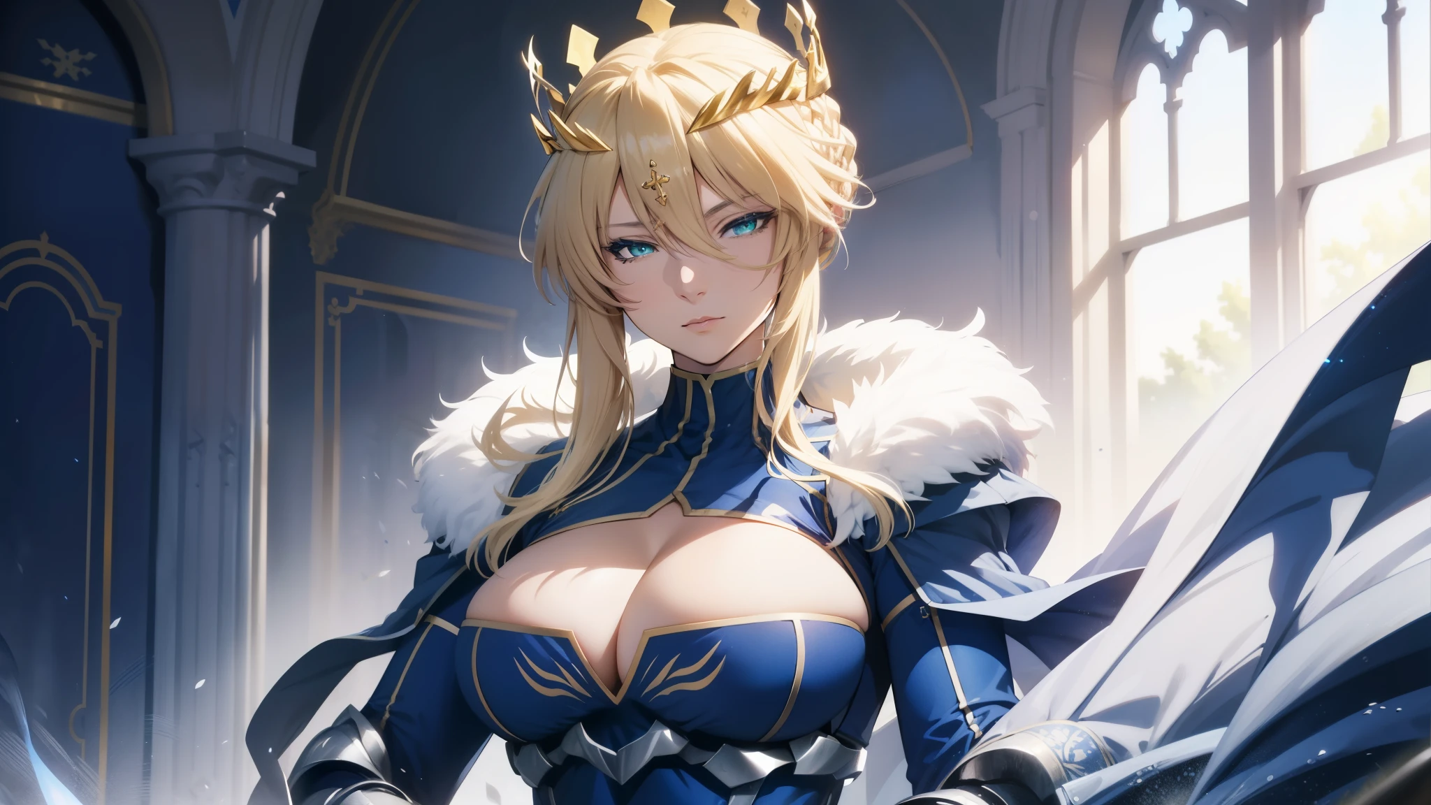 (best quality, highres), wallpaper of Artoria pendragon lancer, adult woman, green eyes, artoriaLancer, braid, crown, turtleneck, cleavage cutout, sleeveless, blue leotard, gauntlets, perfect eyes, detailed eyes, seductive pose