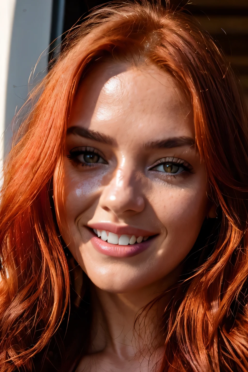 moody instagram photo, lower body photo of 32 years old woman, from below, dressed in long oversized sweater, teasing nudity, dirty fiery red hair, color gradient, bright tips of hair, sun-kissed skin, happy, cute smile, beautiful hazelnut eyes, hard shadows, dark, nighttime, overexposed filter, silhouetted against the bright light