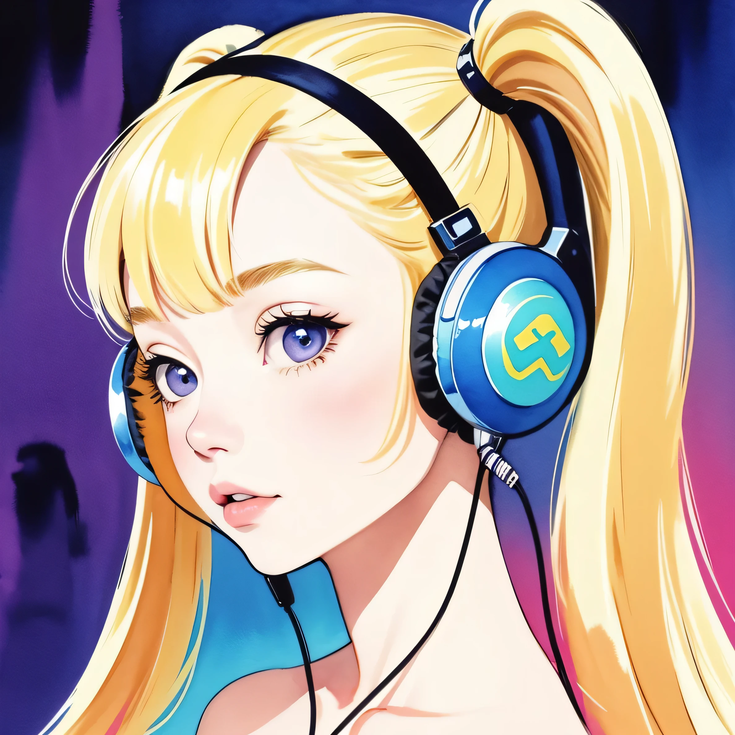 close up of face、colorful、headphones、watercolor、blonde、twin tails、I'm 11 years old、profile、spread your legs、naked