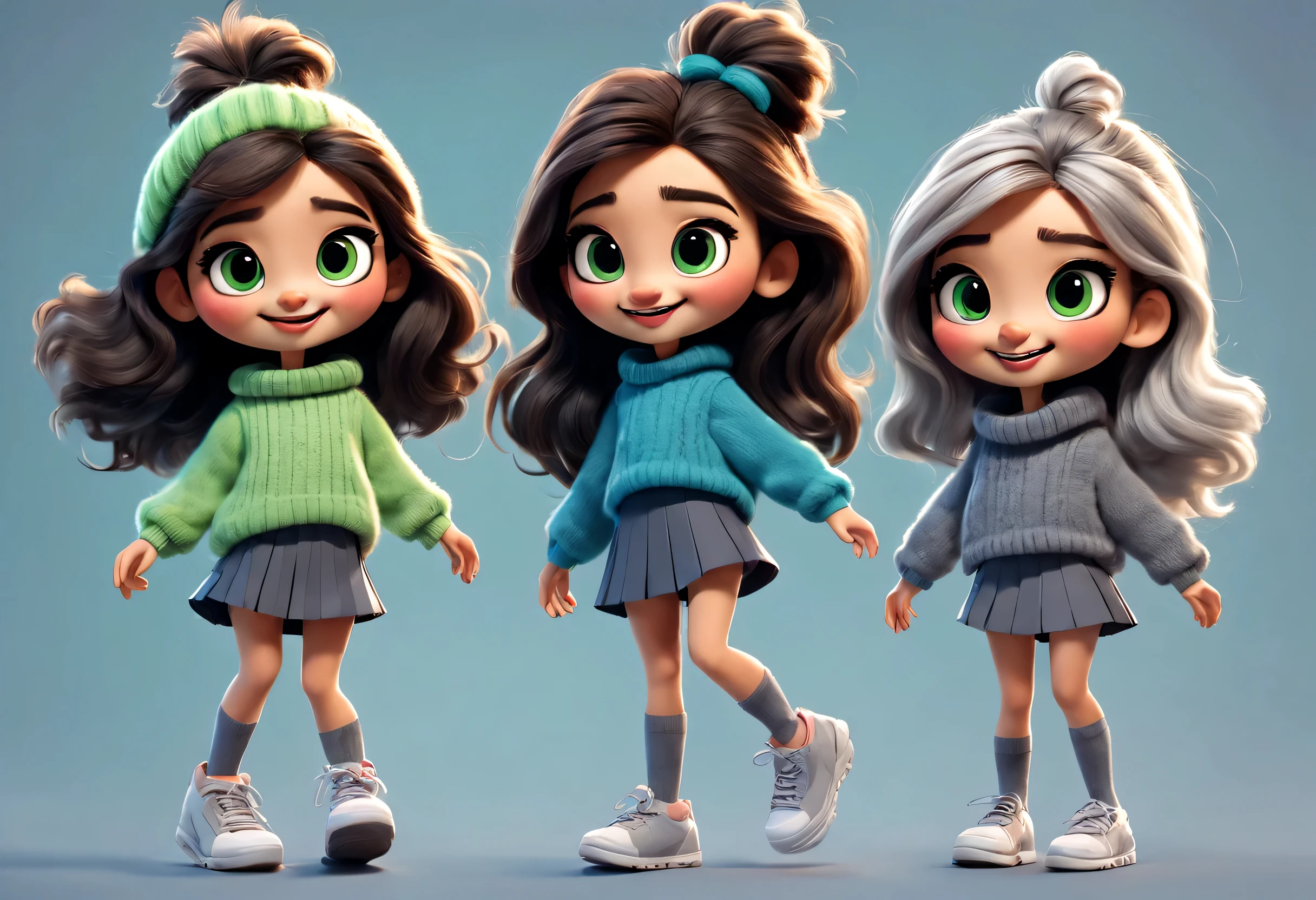 character design sheet, whole body, front, (the same cartoon girl), Humming songs happily while walking, Take big steps with dynamic movements, Wear different color designs, Beautiful face and big eyes, long eyelashes, White extra-long curly hair, blue sweater, green sweater, gray sweater, gray sweater short skirt, black sweater skirt, role conception, Unreal Engine, Pixar style, cartoon, 3d rendering, hairy, woolen art, puppet, detailed role conception, best quality, Ultra-detailed, 8k,