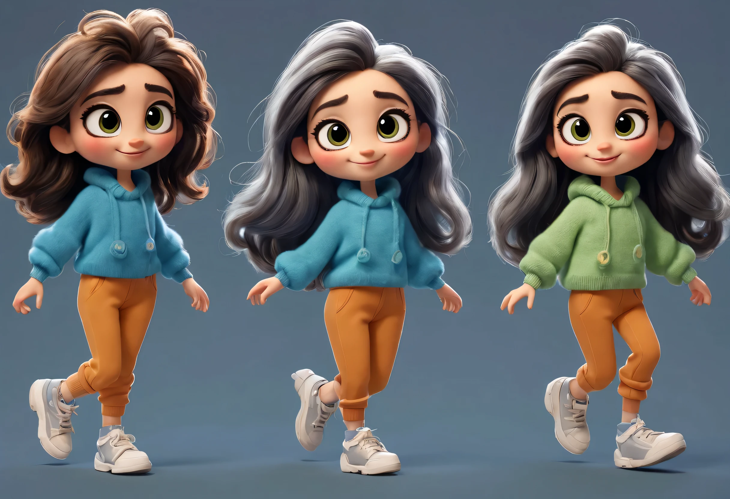 character design sheet, whole body, front, (the same cartoon girl), Humming songs happily while walking, Take big steps with dynamic movements, Wear different color designs, Beautiful face and big eyes, long eyelashes, White extra-long curly hair, blue sweater, green sweater, gray sweater, gray baggy pants, black baggy pants, role conception, Unreal Engine, Pixar style, cartoon, 3d rendering, hairy, woolen art, puppet, detailed role conception, best quality, Ultra-detailed, 8k,