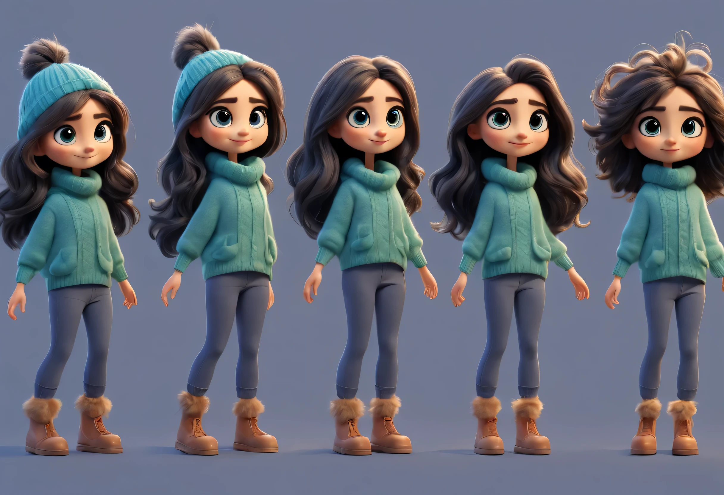 character design sheet, whole body, front, (the same cartoon girl), Humming songs happily while walking, Take big steps with dynamic movements, Wear different color designs, Beautiful face and big eyes, long eyelashes, White extra-long curly hair, blue sweater, green sweater, gray sweater, gray baggy pants, black baggy pants, role conception, Unreal Engine, Pixar style, cartoon, 3d rendering, hairy, woolen art, puppet, detailed role conception, best quality, Ultra-detailed, 8k,