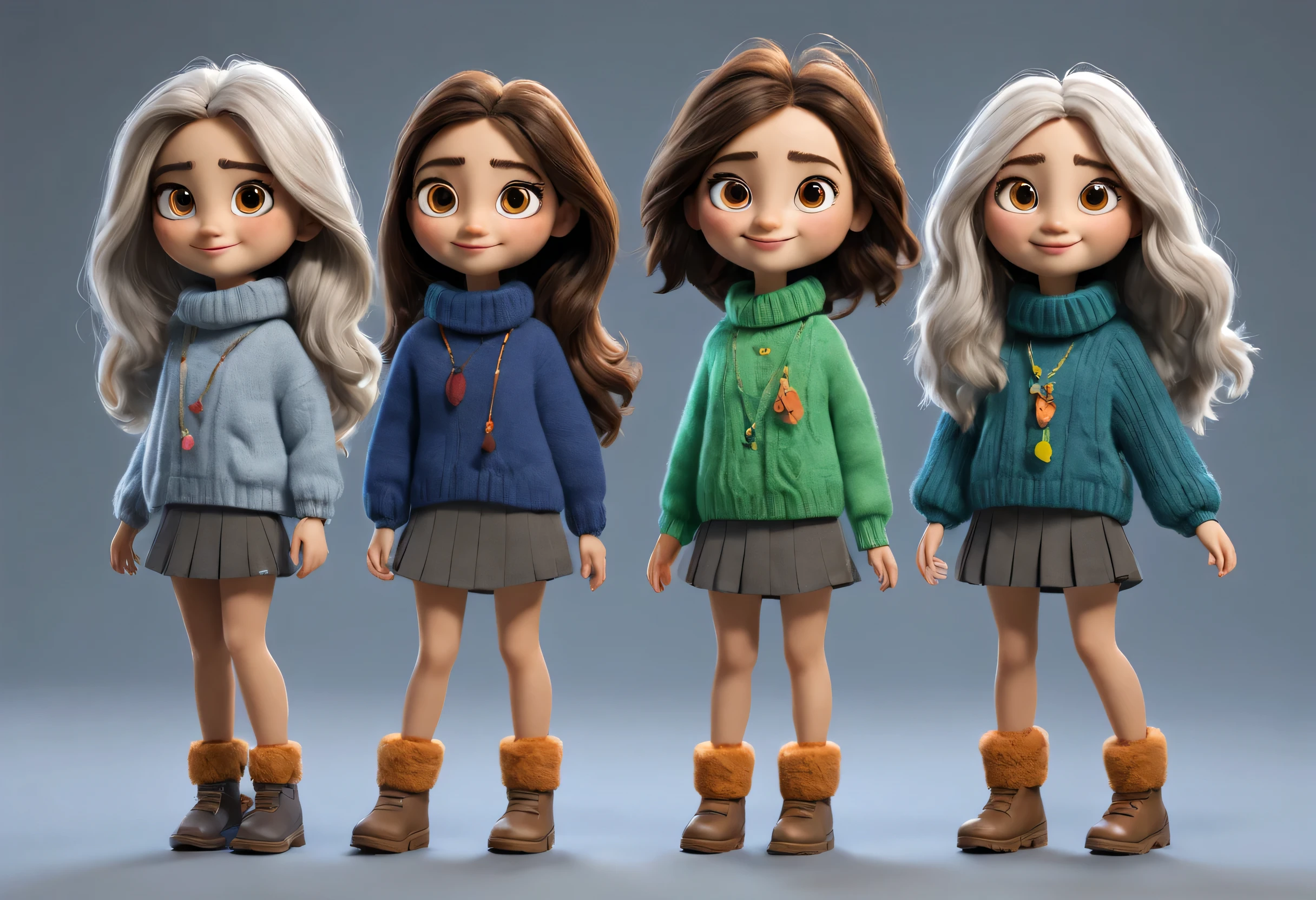 character design sheet, whole body, front, (the same cartoon girl), Humming a song and walking happily, Take big steps with dynamic movements, Wear different color designs, Beautiful face and big eyes, long eyelashes, White extra-long curly hair, Blue loose turtleneck sweater, Green loose turtleneck sweater, gray sweater, gray sweater short skirt, black sweater skirt, role conception, Unreal Engine, Pixar style, cartoon, 3d rendering, hairy, woolen art, puppet, detailed role conception, best quality, Ultra-detailed, 8k,