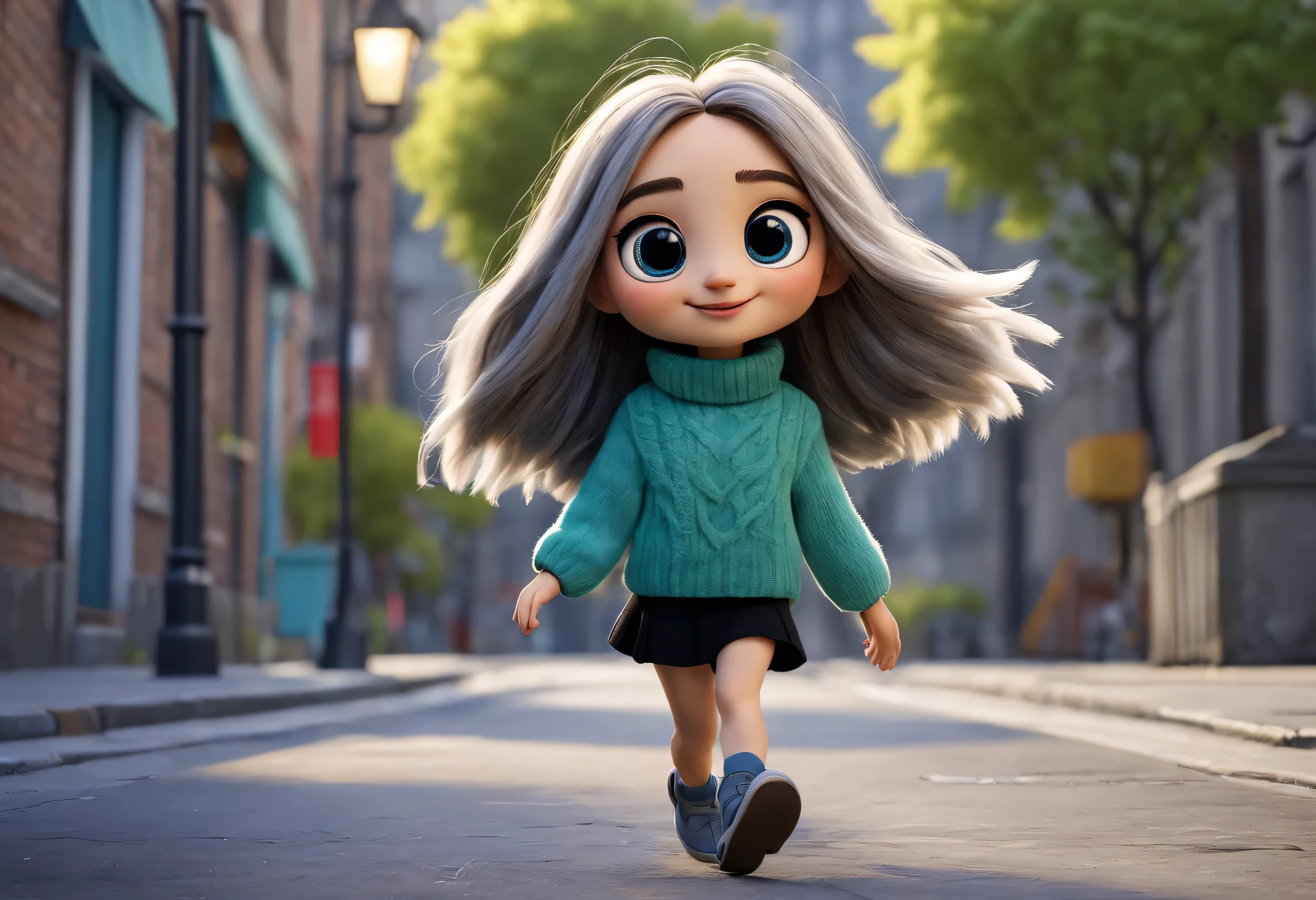 character design sheet, whole body, front, (the same cartoon girl), Humming a song and walking happily, Take big steps with dynamic movements, Wear different color designs, Beautiful face and big eyes, long eyelashes, White extra-long curly hair, Blue loose turtleneck sweater, Green loose turtleneck sweater, gray sweater, gray sweater short skirt, black sweater skirt, role conception, Unreal Engine, Pixar style, cartoon, 3d rendering, hairy, woolen art, puppet, detailed role conception, best quality, Ultra-detailed, 8k,