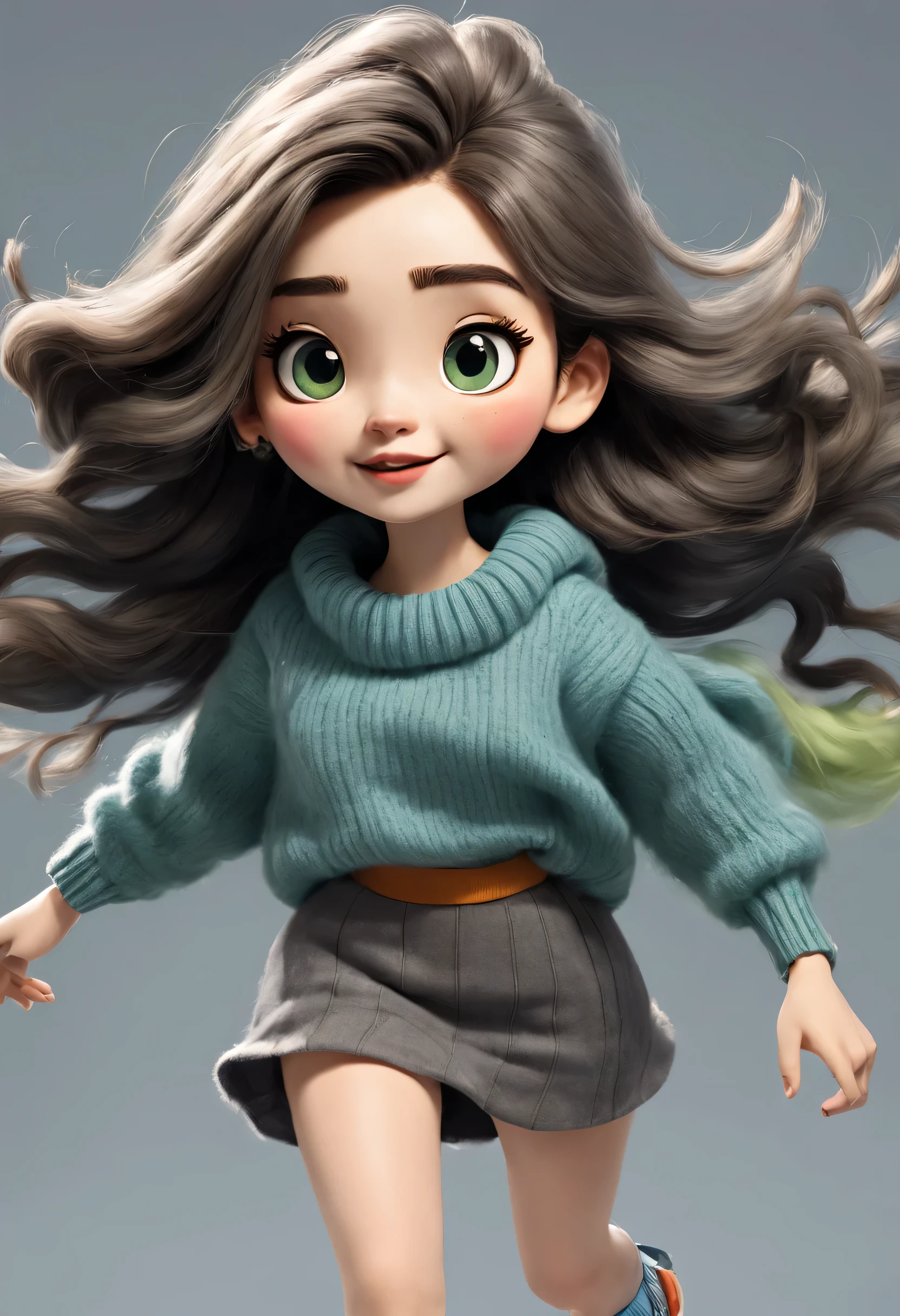 character design sheet, whole body, front, (the same cartoon girl), Humming songs happily while walking, Take big steps with dynamic movements, Wear different color designs, Beautiful face and big eyes, long eyelashes, White extra-long curly hair, blue sweater, green sweater, gray sweater, gray sweater short skirt, black sweater skirt, role conception, Unreal Engine, Pixar style, cartoon, 3d rendering, hairy, woolen art, puppet, detailed role conception, best quality, Ultra-detailed, 8k,