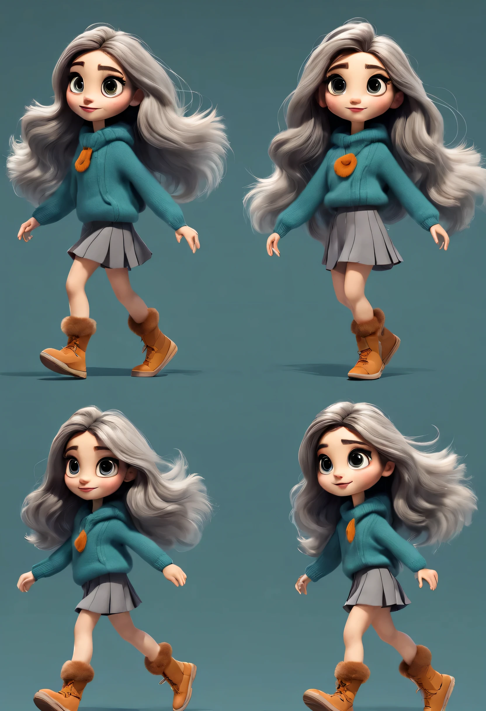 character design sheet, whole body, front, (the same cartoon girl), Humming songs happily while walking, Take big steps with dynamic movements, Wear different color designs, Beautiful face and big eyes, long eyelashes, White extra-long curly hair, blue sweater, green sweater, gray sweater, gray sweater short skirt, black sweater skirt, role conception, Unreal Engine, Pixar style, cartoon, 3d rendering, hairy, woolen art, puppet, detailed role conception, best quality, Ultra-detailed, 8k,