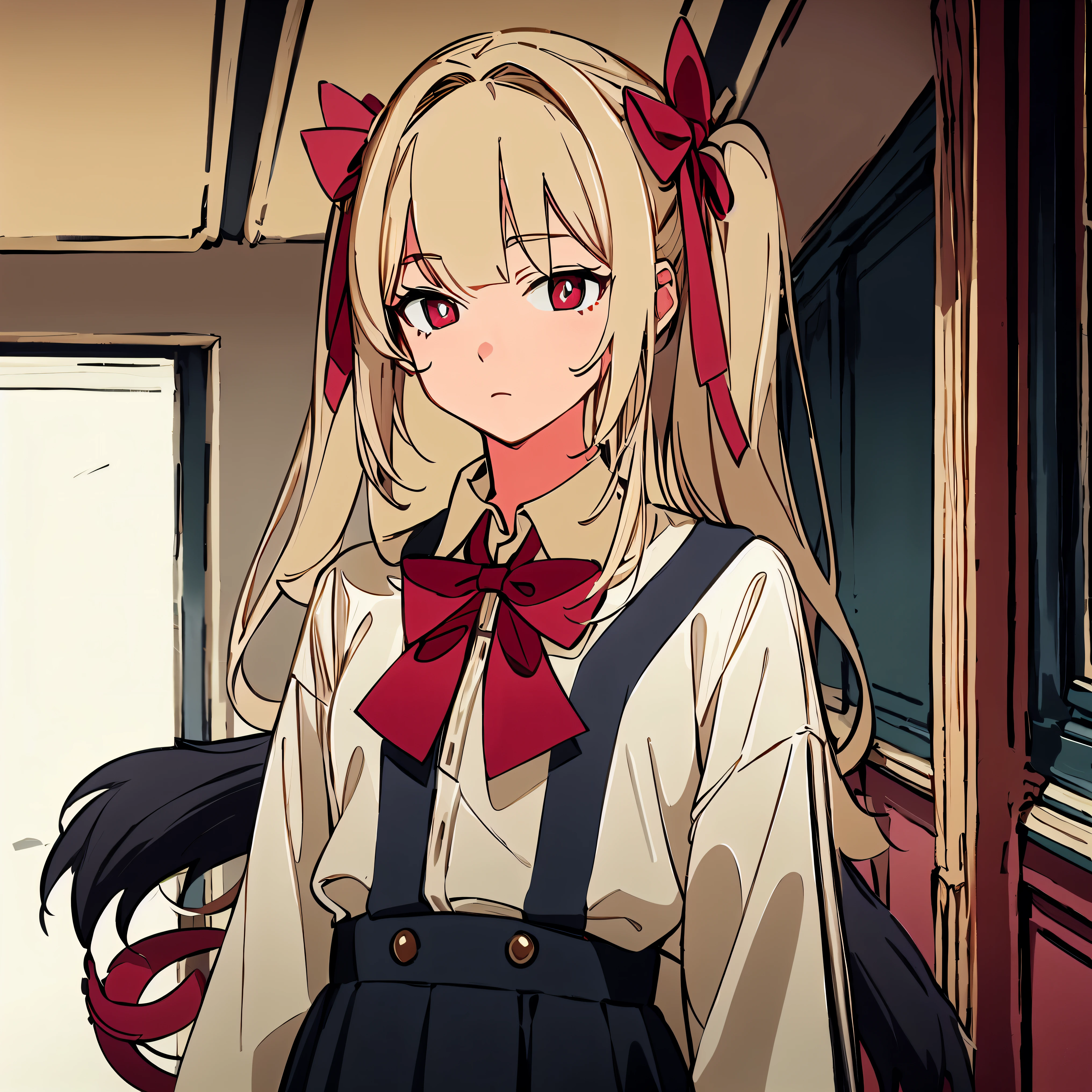 (masterpiece, best quality),1 girl，double tail，Red ribbon bow，Upper body，avatar，red pupils，Shy