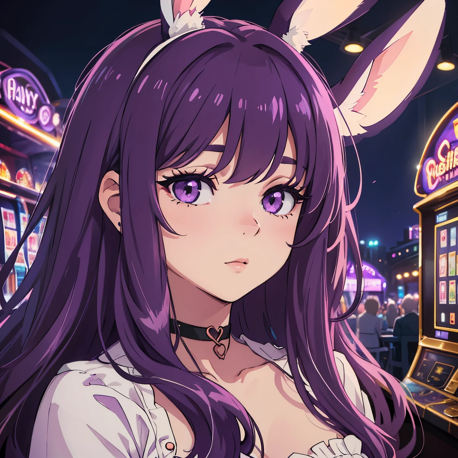 You prompt in a compatible format could be:

"Bunny suite,fluffy bunny ears, long eyelashes,purple wavy hair,purple eyes,casino,slot machine,(best quality,ultra-detailed),vivid colors,portrait,soft lighting,pastel color palette"