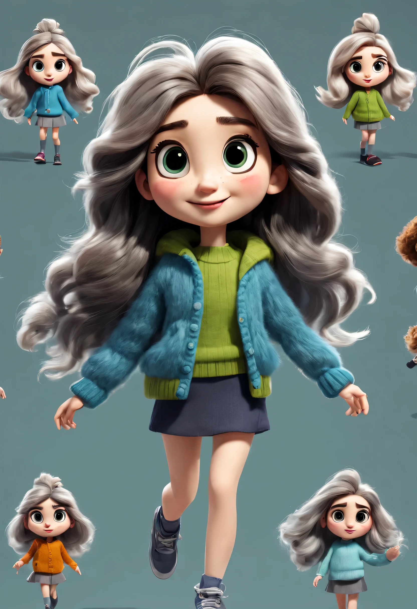character design sheet, whole body, front, (the same cartoon girl), Humming songs happily while walking, Take big steps with dynamic movements, Wear different color designs, Beautiful face and big eyes, long eyelashes, White extra-long curly hair, blue sweater, green sweater, gray sweater, gray sweater short skirt, black sweater skirt, role conception, Unreal Engine, Pixar style, cartoon, 3d rendering, hairy, woolen art, puppet, detailed role conception, best quality, Ultra-detailed, 8k,
