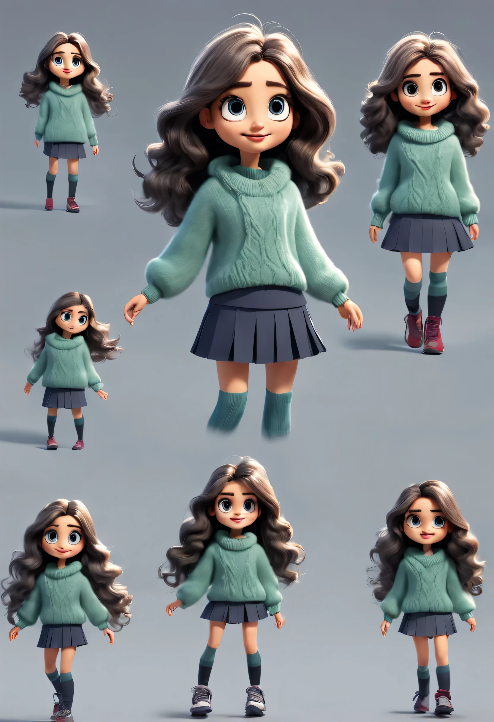 character design sheet, whole body, front, (the same cartoon girl), Humming songs happily while walking, Take big steps with dynamic movements, Wear different color designs, Beautiful face and big eyes, long eyelashes, White extra-long curly hair, blue sweater, green sweater, gray sweater, gray sweater short skirt, black sweater skirt, role conception, Unreal Engine, Pixar style, cartoon, 3d rendering, hairy, woolen art, puppet, detailed role conception, best quality, Ultra-detailed, 8k,