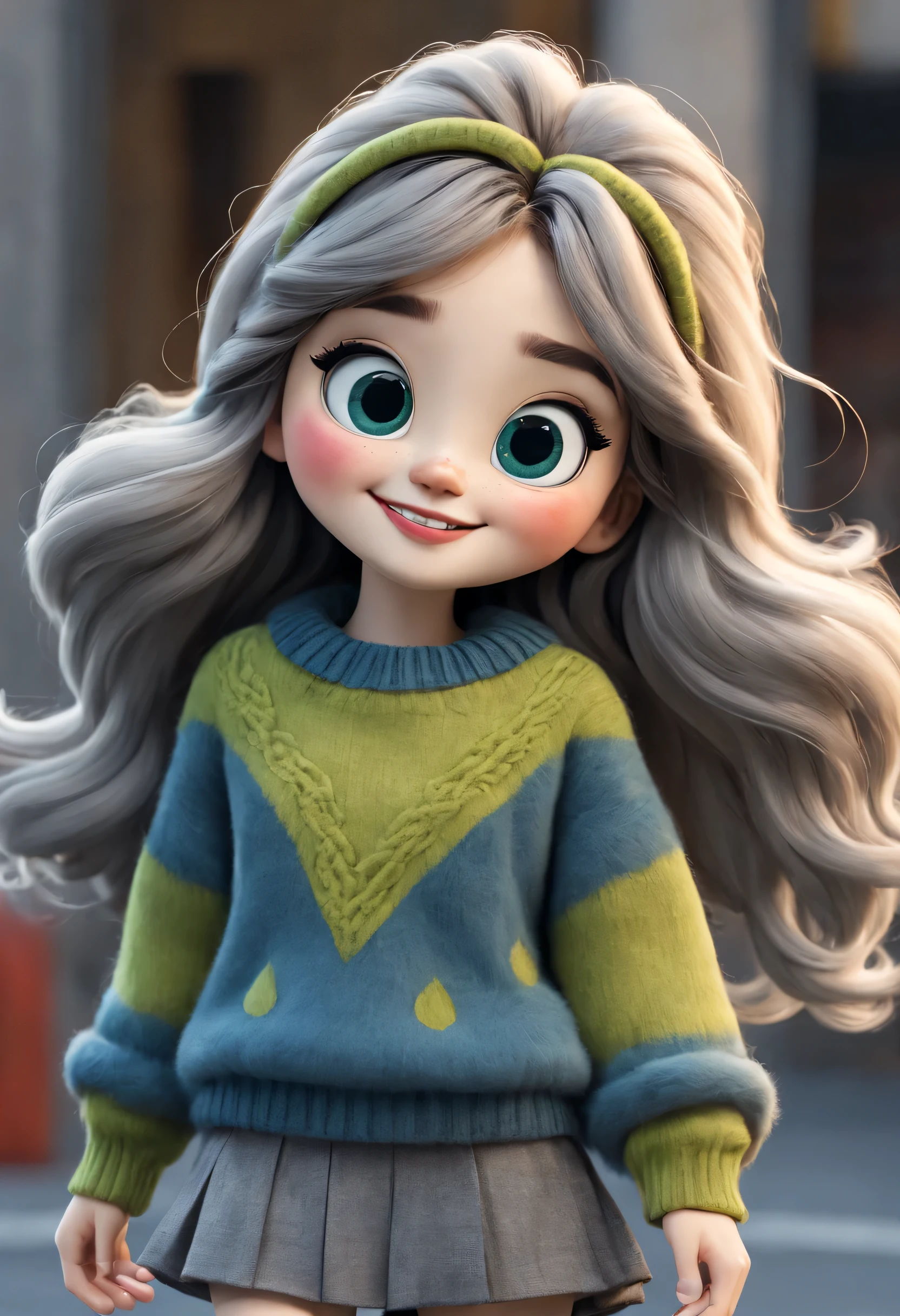 character design sheet, whole body, front, (the same cartoon girl), Humming songs happily while walking, Take big steps with dynamic movements, Wear different color designs, Beautiful face and big eyes, long eyelashes, White extra-long curly hair, blue sweater, green sweater, gray sweater, gray sweater short skirt, black sweater skirt, role conception, Unreal Engine, Pixar style, cartoon, 3d rendering, hairy, woolen art, puppet, detailed role conception, best quality, Ultra-detailed, 8k,