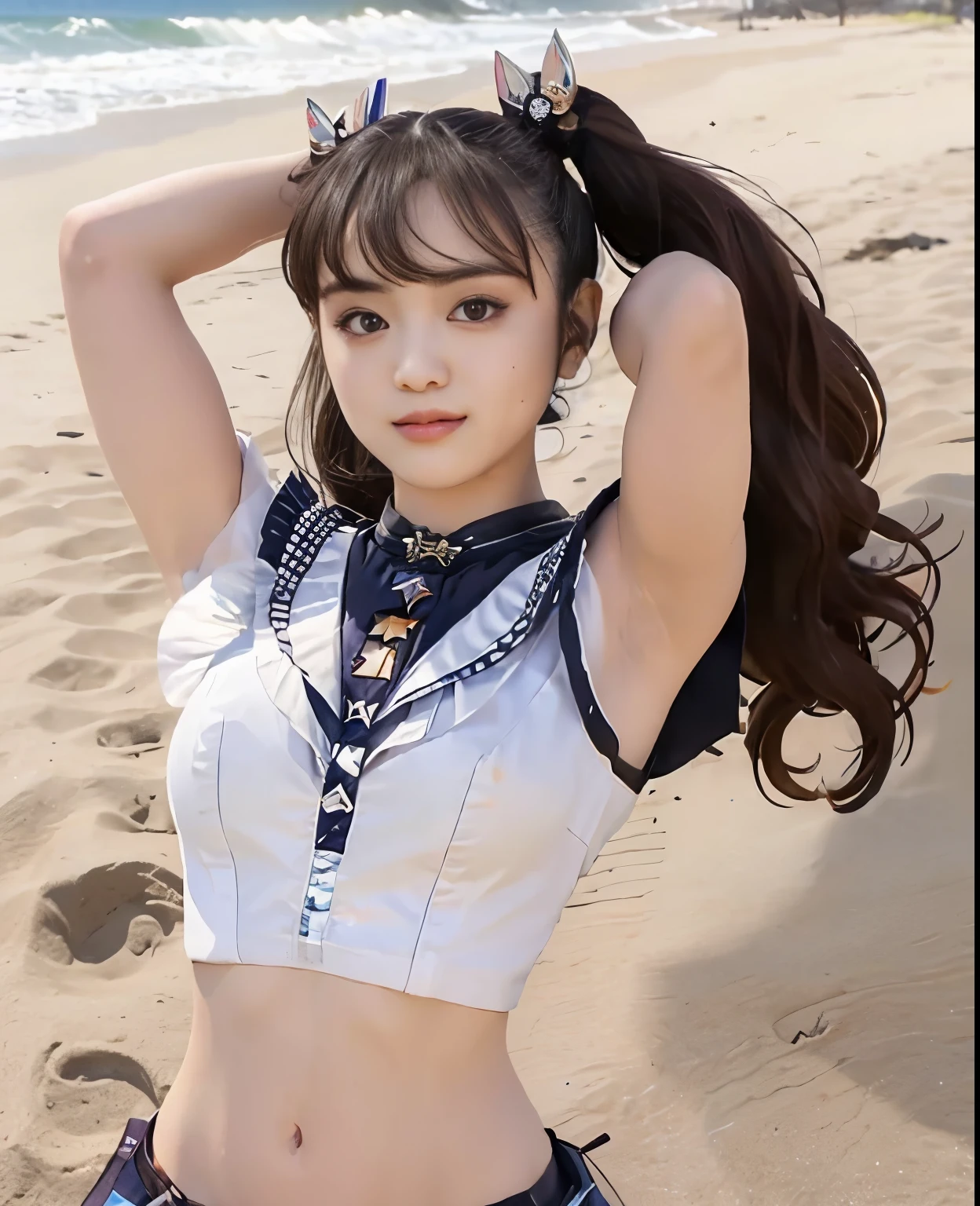 (highest quality:1.2),(perfect beautiful face:1.2),(perfect and beautiful posture:1.2),(sailor_chibi_moon:1.3), On the beach in midsummer, smile, big breasts,Ultra-high precision photos,clear eyes,Chubby,bloomer pants,Tank top,Show your armpits