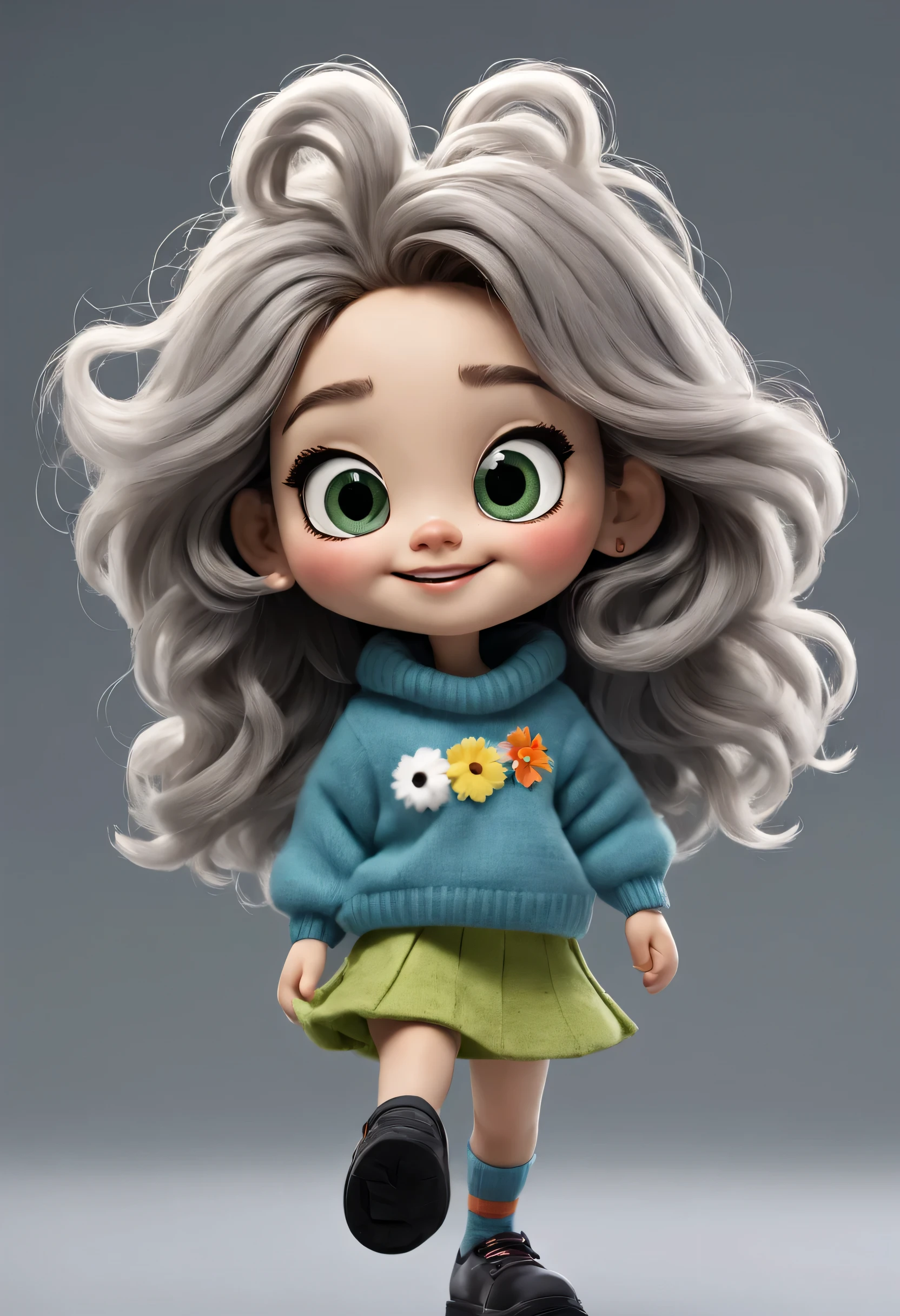 character design sheet, whole body, front, (the same cartoon girl), Humming songs happily while walking, Take big steps with dynamic movements, Wear different color designs, Beautiful face and big eyes, long eyelashes, White extra-long curly hair, blue sweater, green sweater, gray sweater, gray sweater short skirt, black sweater skirt, role conception, Unreal Engine, Pixar style, cartoon, 3d rendering, hairy, woolen art, puppet, detailed role conception, best quality, Ultra-detailed, 8k,