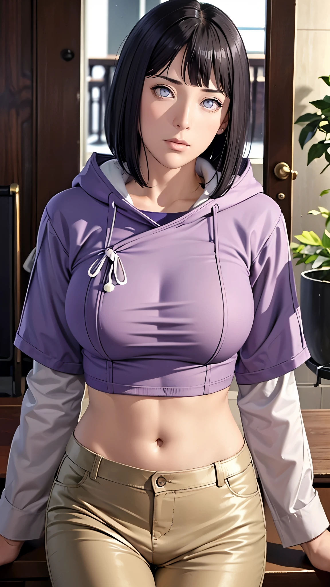 （（（完美figure，figure，purple hoodie，brown pants， （（（hyuugahin，hyuugahin，hinata\(boruto\)，hyuugahin,  "black long hair", blue eyes,blunt bangs））），S型figure:1.7））），((masterpiece)),high resolution, ((Best quality at best))，masterpiece，quality，Best quality，（（（ Exquisite facial features，looking at the audience,There is light in the eyes，blush，Happy））），（（（Interlacing of light and shadow，huge ））），（（（looking into camera，）））