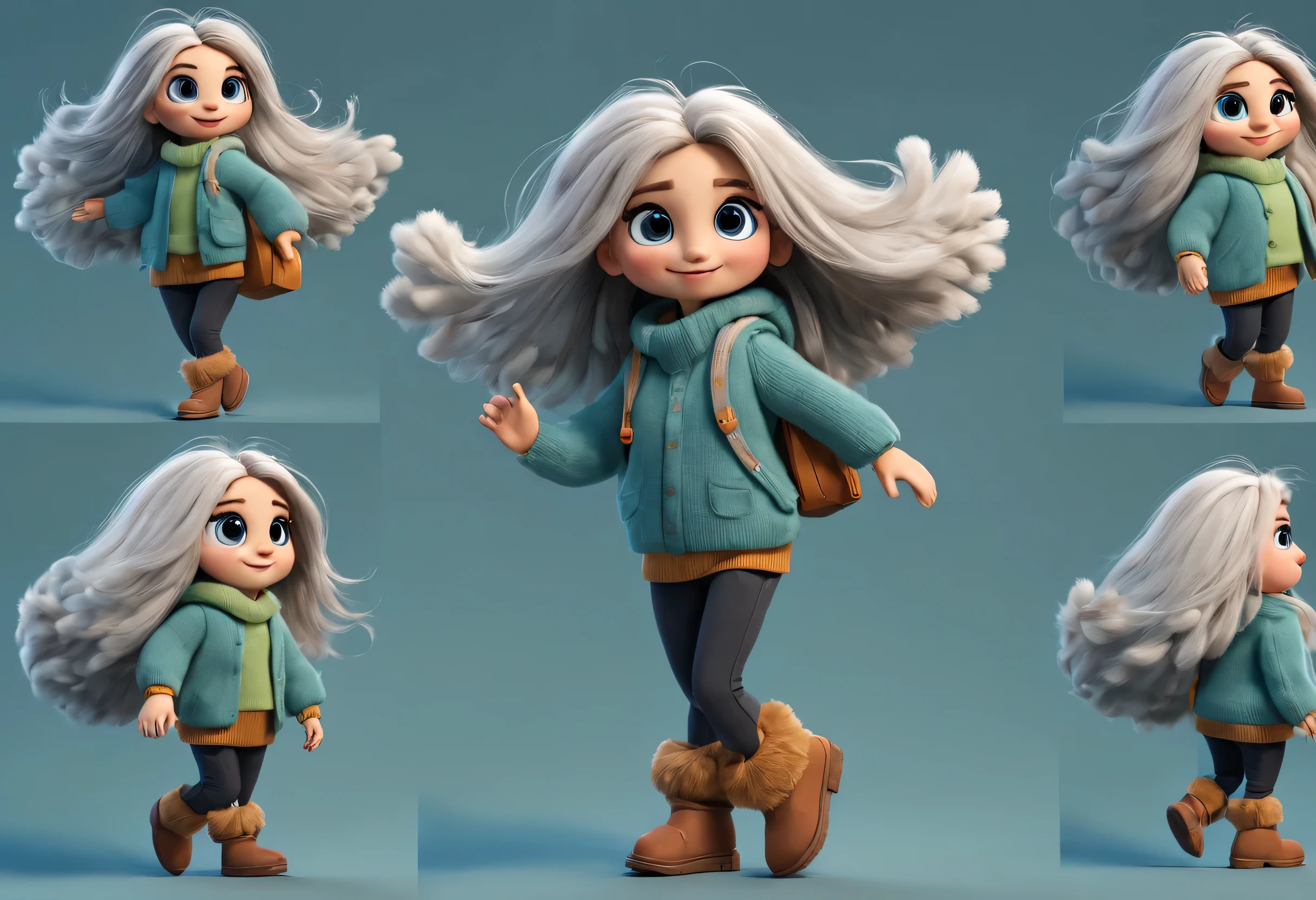 character design sheet, whole body, front, (the same cartoon girl), Humming songs happily while walking, Take big steps with dynamic movements, Wear different color designs, Beautiful face and big eyes, long eyelashes, White extra-long curly hair, blue sweater, green sweater, gray sweater, gray baggy pants, black baggy pants, role conception, Unreal Engine, Pixar style, cartoon, 3d rendering, hairy, woolen art, puppet, detailed role conception, best quality, Ultra-detailed, 8k,