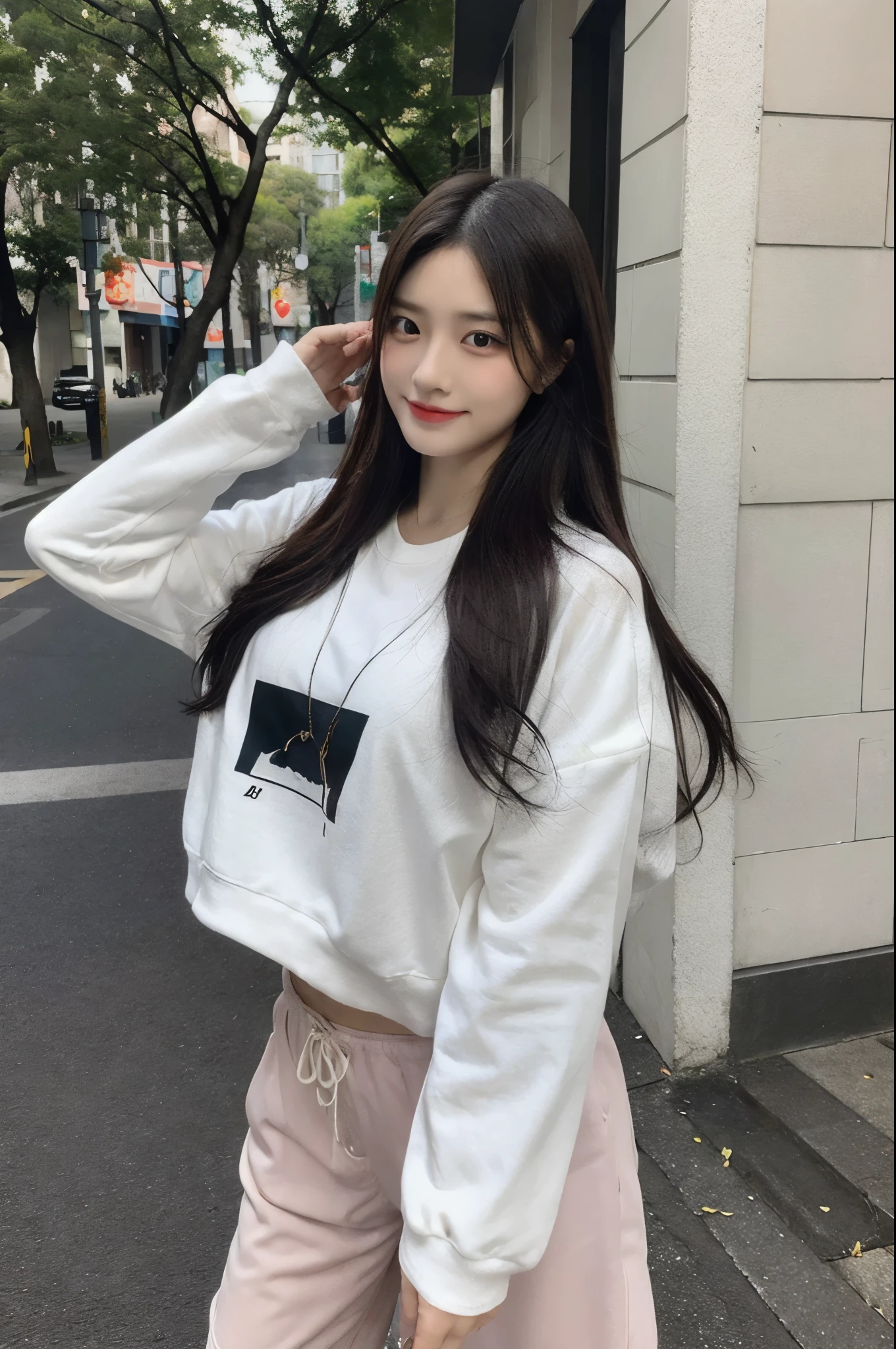 1 Girl,roadside,Soft Light,Chinese Beauty,Sweatshirt,Dark-haired