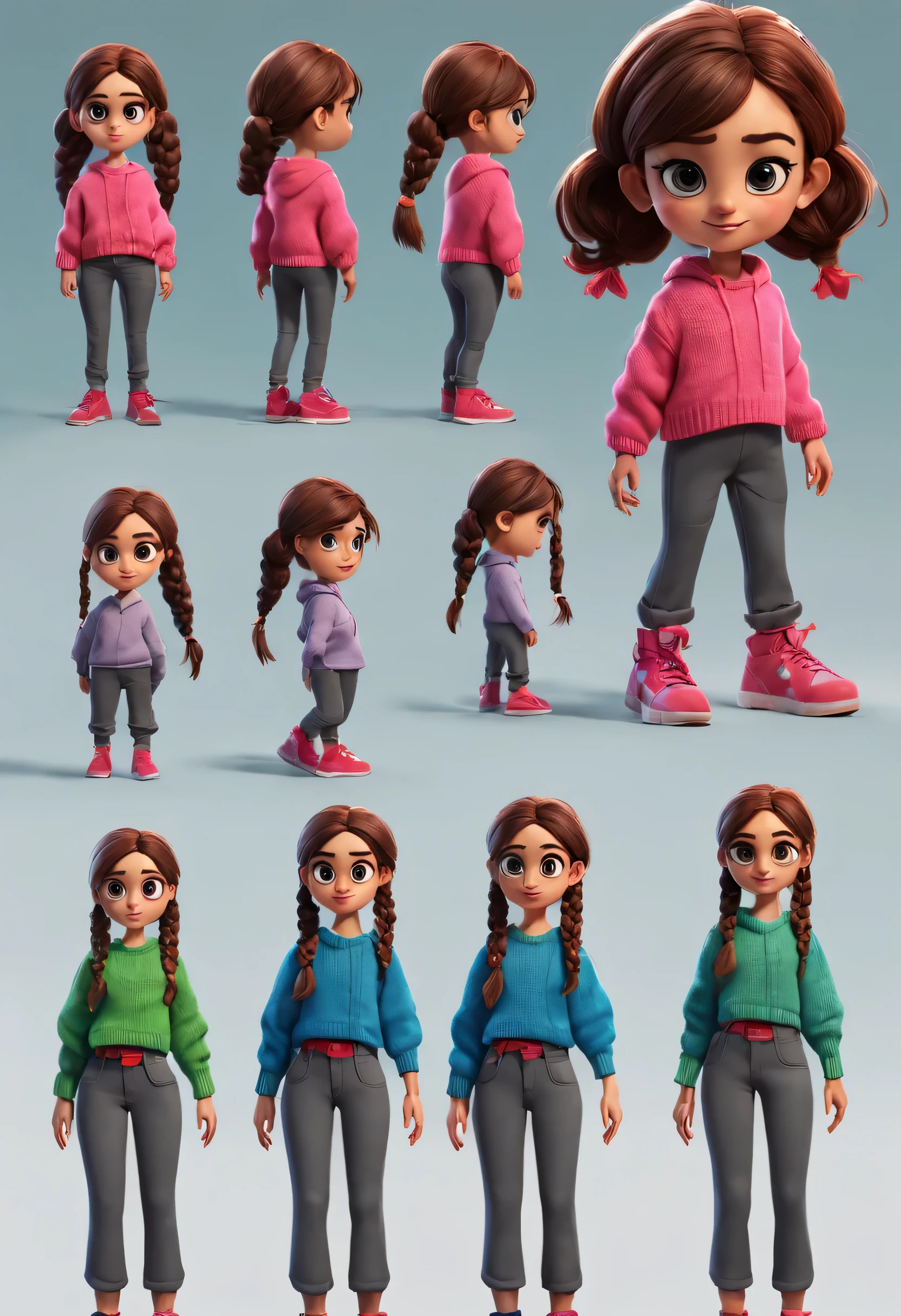 character design sheet, whole body, front, (same cartoon girl) the same cartoon girl, Walking humming, Wear different color designs, Beautiful face and big eyes, Red double braids, blue sweater, green sweater, pink sweater, gray baggy pants, black baggy pants, role conception, Unreal Engine, Pixar style, cartoon, 3d rendering, yarn, puppet, detailed role conception, best quality, Super details, 8k,