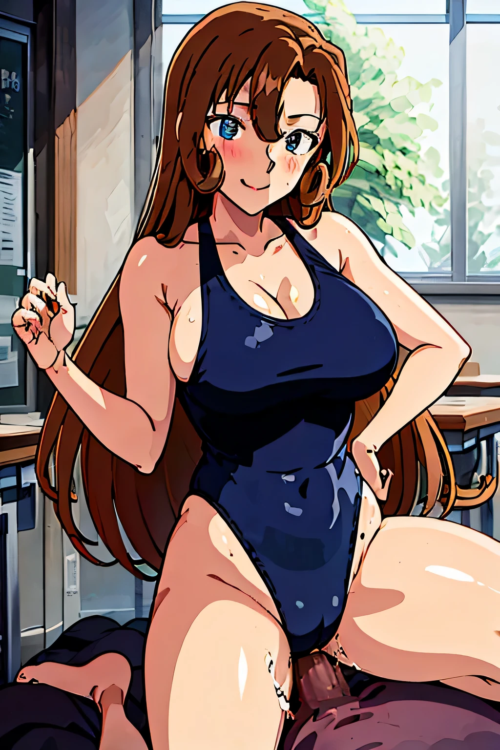 NSFW, (( anime style)), (slender body), mature woman, mature woman, won, nice, winner, confident face, smile, tongue, (white skin, shiny skin, lighting and shadows), big breasts, long belly, attractive, (Brown, long hair, curly bangs), 37 years old、Navy blue school swimsuit 2:0, spread your legs、、sex Creampie、the penis is deep inside the pussy、orgasm 2:5、妖艶なsmile、blush、highest quality、4K、A large amount of white mucus from the pussy、とてもbig breasts、sex、Cowgirl