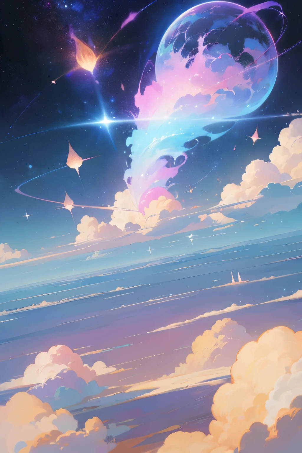 (highest quality),(masterpiece),(超detailedな),(高度にdetailedな),(非常にdetailedな),theme: anime sky dreamscape medium: digital illustration or traditional painting.
solve: 4000×2000 pixels.
color palette: soft pastel colors with a mix of vibrant hues.
feeling: Magic, ethereal, and calm.
composition: floating island々The vast sky that spreads out, capricious clouds, Other dreamy elements.
lit: soft, warm diffused lighting, golden shine.
style: ファンタジーとシュールレアリズムのタッチを加えたアニメにInspirationを得た作品.
detailed: Include elements such as shooting performer, colorful nebula, fluffy clouds, and mysterious creatures.
Inspiration: anime fantasy world, studio ghibli movies, surreal art, and astronomical images.
Camera setup: none (It&#39;s a digital illustration).
Other notes: Create a sense of depth and space、Emphasizes the vastness and beauty of the sky。. Experiment with different cloud formations and shapes, From fluffy cumulus clouds to thin cirrus clouds. Incorporate celestial elements such as the moon, performer, A galaxy that further enhances the magical atmosphere. Use soft brush strokes and blending techniques to create a seamless and ethereal look. play with lighting effects, Gentle sunlight, shining spheres, etc., Magicタッチを加えるために. Add exotic creatures like flying dragons and floating jellyfish、Consider bringing a sense of wonder to your scene。. Let your imagination soar、Don&#39;t be afraid to create a dreamlike world that captures the essence of anime fantasy。.