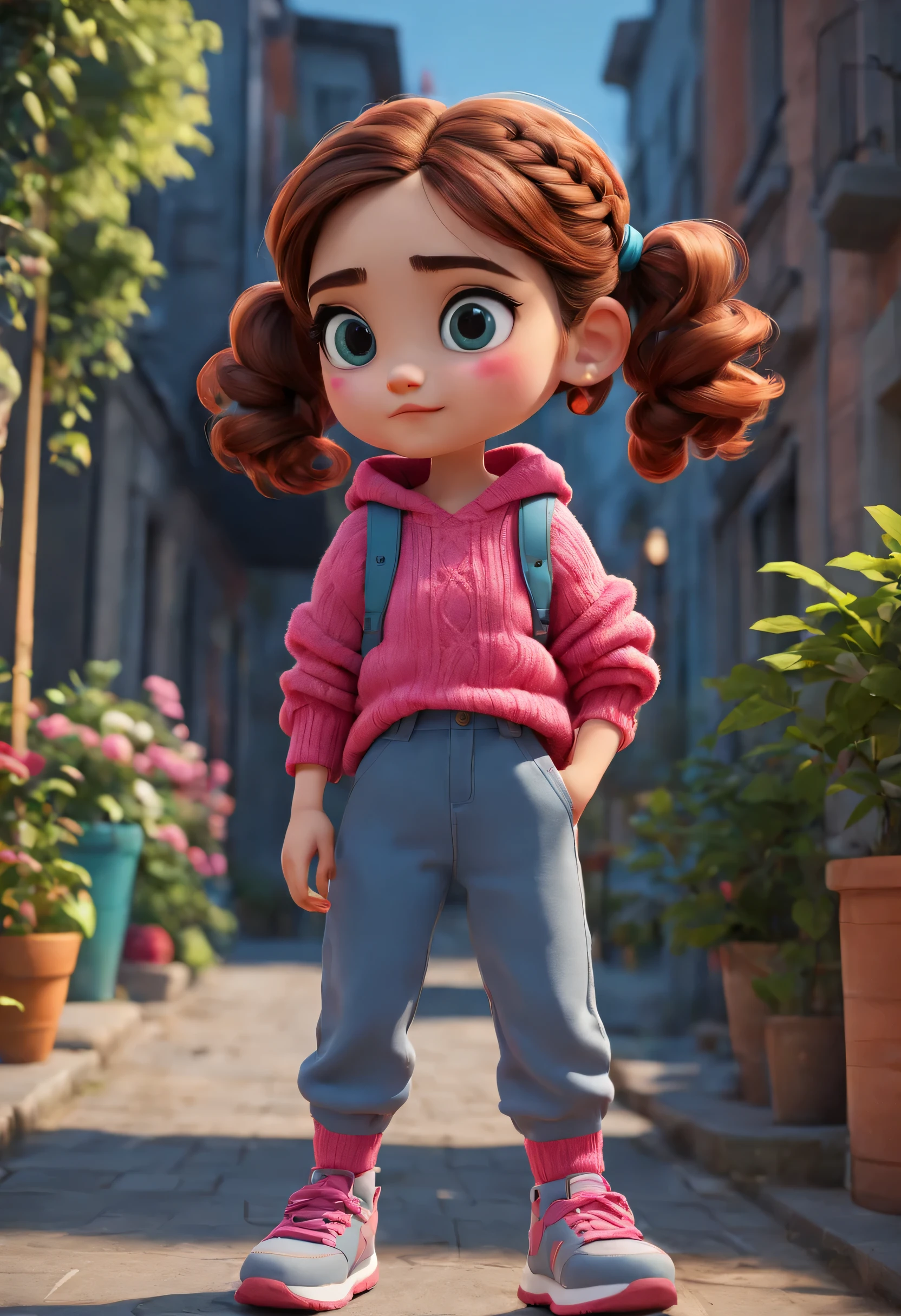 character design sheet, whole body, front, (same cartoon girl) the same cartoon girl, Walking humming, Wear different color designs, Beautiful face and big eyes, Red double braids, blue sweater, green sweater, pink sweater, gray baggy pants, black baggy pants, role conception, Unreal Engine, Pixar style, cartoon, 3d rendering, yarn, puppet, detailed role conception, best quality, Super details, 8k,