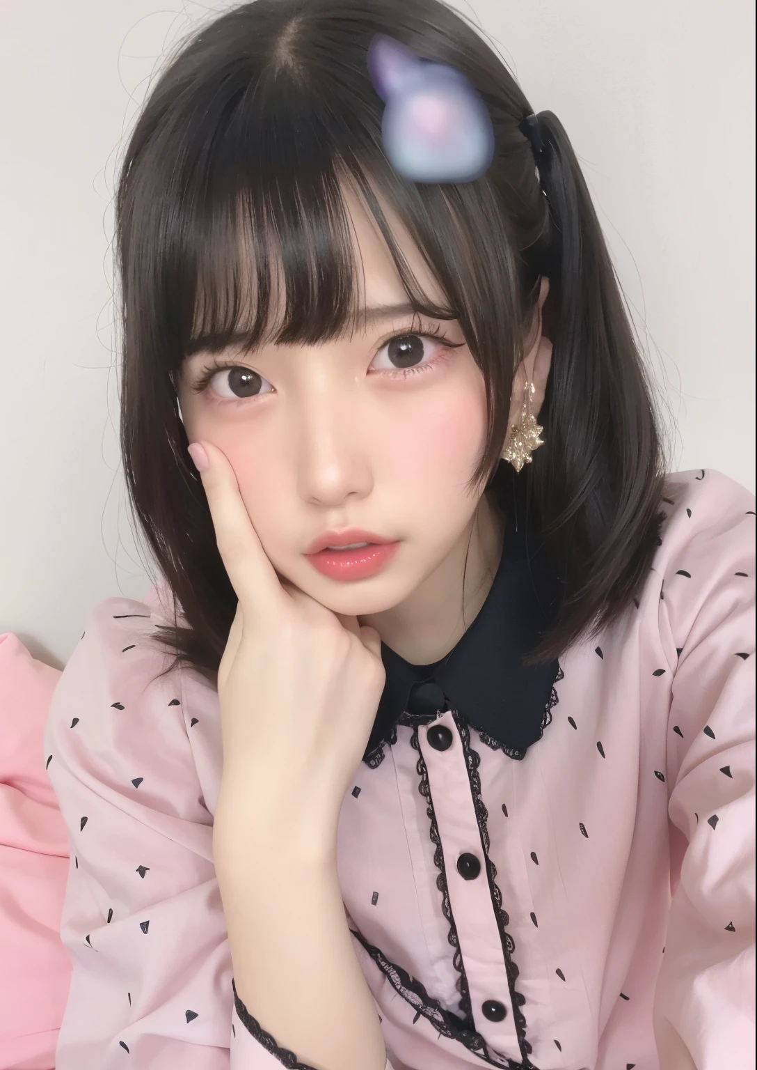 There is a young girl in a pink shirt and black glasses, Ulzzang, Clean and cute face, sakimichan, shikamimi, Belle Delphine, cute cute girl, Cute girl - well-groomed face, sakimi chan, cute realistic portrait, Chiho, neat hair with bangs, Kurohime cut hair, cute - well-groomed - face