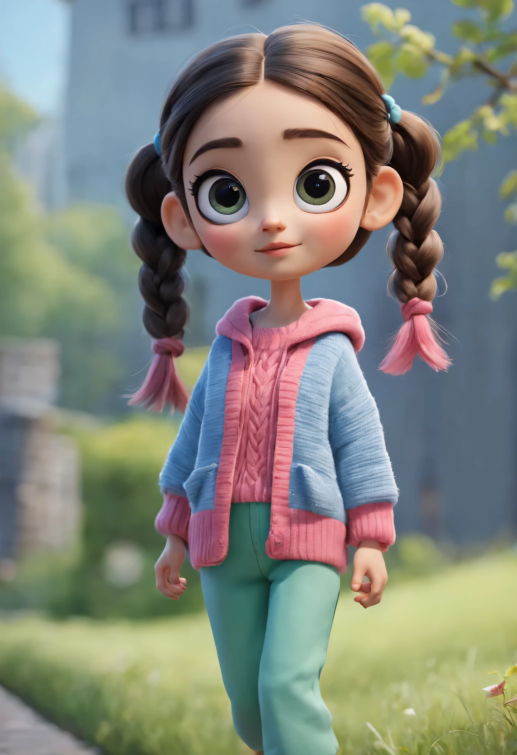 character design sheet, whole body, front, the same cartoon girl humming and walking, Wearing designs in different colors, pretty face, big eyes, White double braids, blue sweater, green sweater, pink sweater, gray baggy pants, role conception, Unreal Engine, Pixar style, cartoon, 3d rendering, yarn, puppet, detailed role conception, best quality, Super details, 8k,