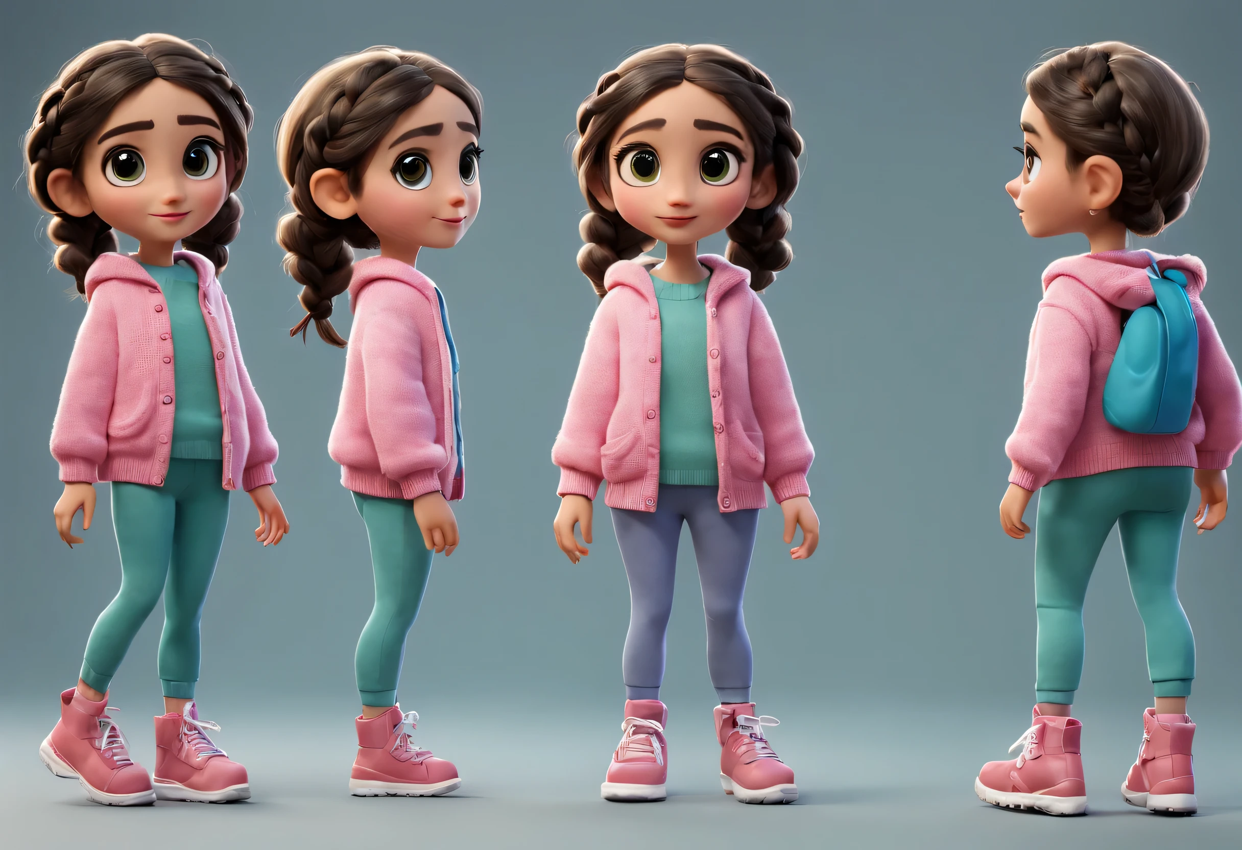 character design sheet, whole body, front, the same cartoon girl humming and walking, Wearing designs in different colors, pretty face, big eyes, White double braids, blue sweater, green sweater, pink sweater, gray baggy pants, role conception, Unreal Engine, Pixar style, cartoon, 3d rendering, yarn, puppet, detailed role conception, best quality, Super details, 8k,