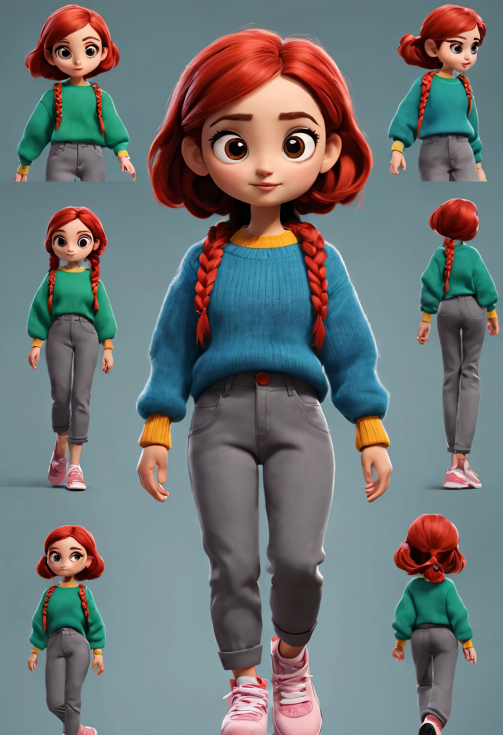 character design sheet, whole body, front, (same cartoon girl) the same cartoon girl, Walking humming, Wear different color designs, Beautiful face and big eyes, Red double braids, blue sweater, green sweater, pink sweater, gray baggy pants, black baggy pants, role conception, Unreal Engine, Pixar style, cartoon, 3d rendering, yarn, puppet, detailed role conception, best quality, Super details, 8k,