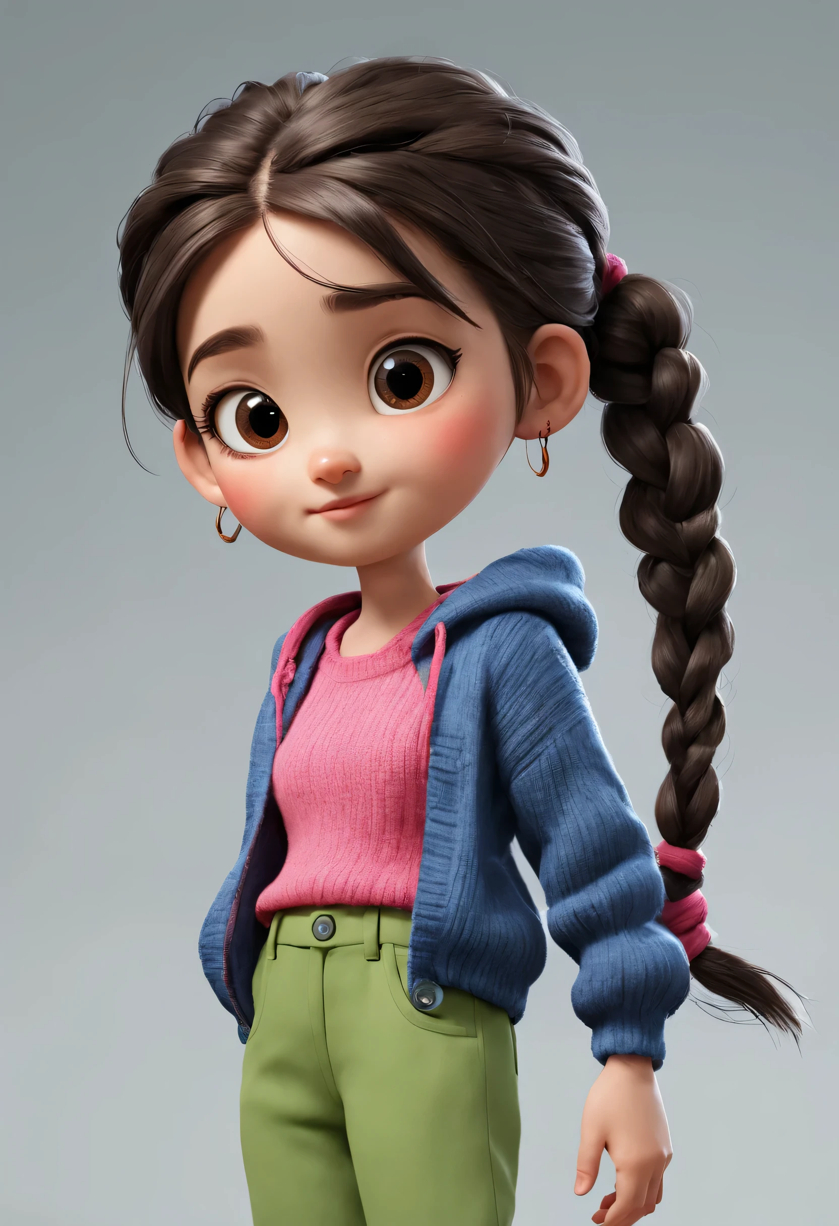 character design sheet, whole body, front, (same cartoon girl) the same cartoon girl, Walking humming, Wear different color designs, Beautiful face and big eyes, Red double braids, blue sweater, green sweater, pink sweater, gray baggy pants, black baggy pants, role conception, Unreal Engine, Pixar style, cartoon, 3d rendering, yarn, puppet, detailed role conception, best quality, Super details, 8k,