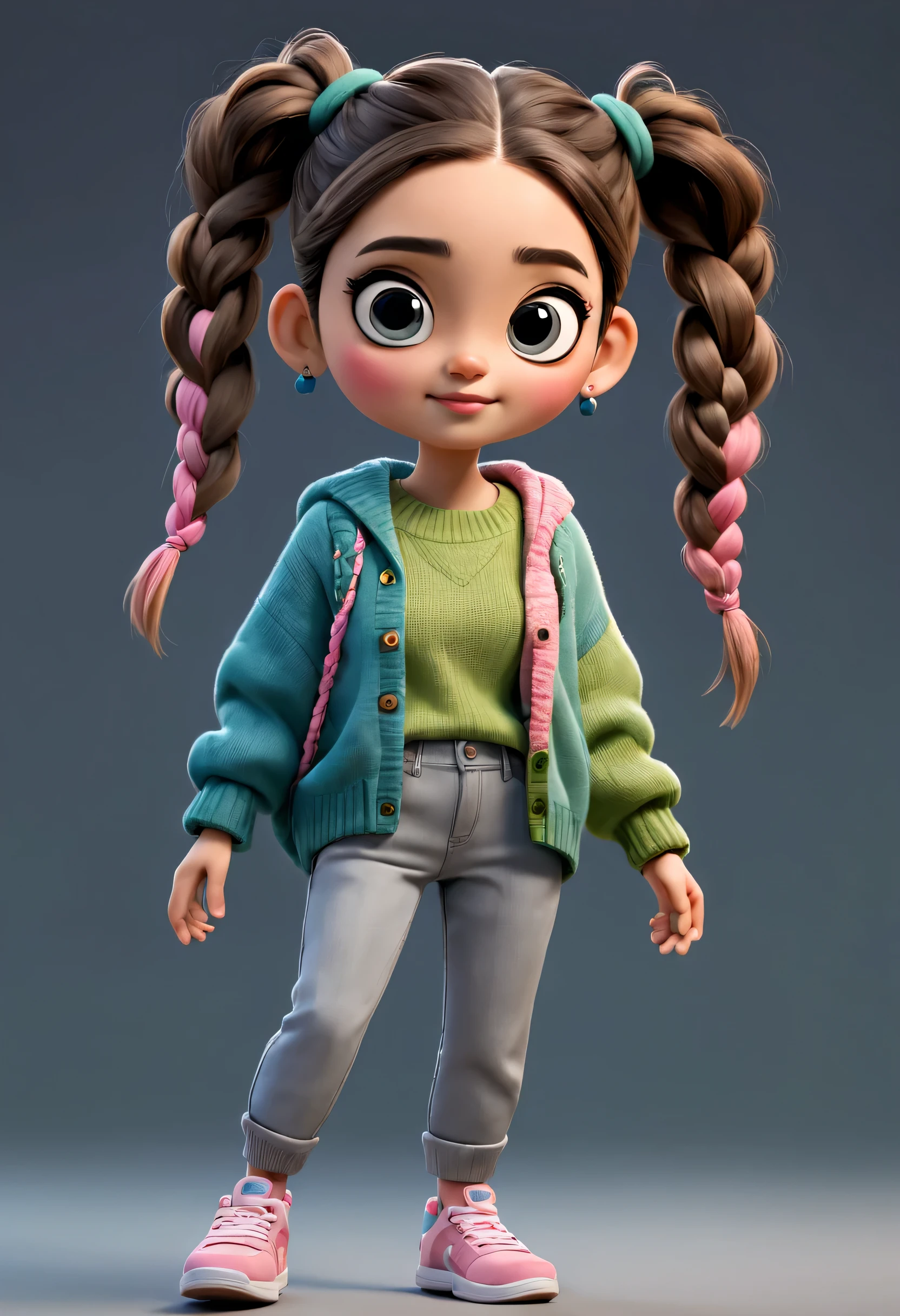 character design sheet, whole body, front, the same cartoon girl humming and walking, Wearing designs in different colors, pretty face, big eyes, White double braids, blue sweater, green sweater, pink sweater, gray baggy pants, role conception, Unreal Engine, Pixar style, cartoon, 3d rendering, yarn, puppet, detailed role conception, best quality, Super details, 8k,