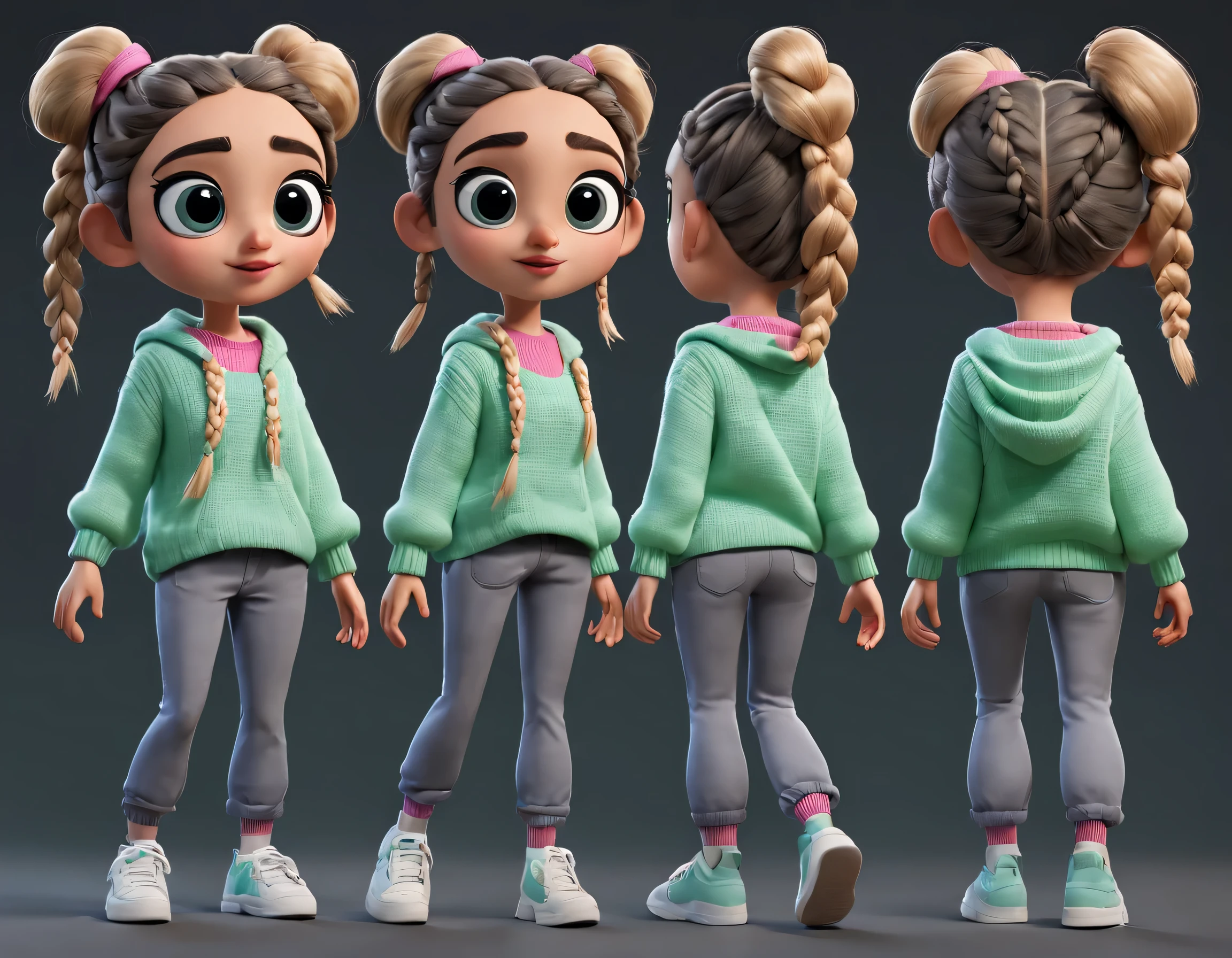 character design sheet, whole body, front, the same cartoon girl humming and walking, Wearing designs in different colors, pretty face, big eyes, White double braids, blue sweater, green sweater, pink sweater, gray baggy pants, role conception, Unreal Engine, Pixar style, cartoon, 3d rendering, yarn, puppet, detailed role conception, best quality, Super details, 8k,