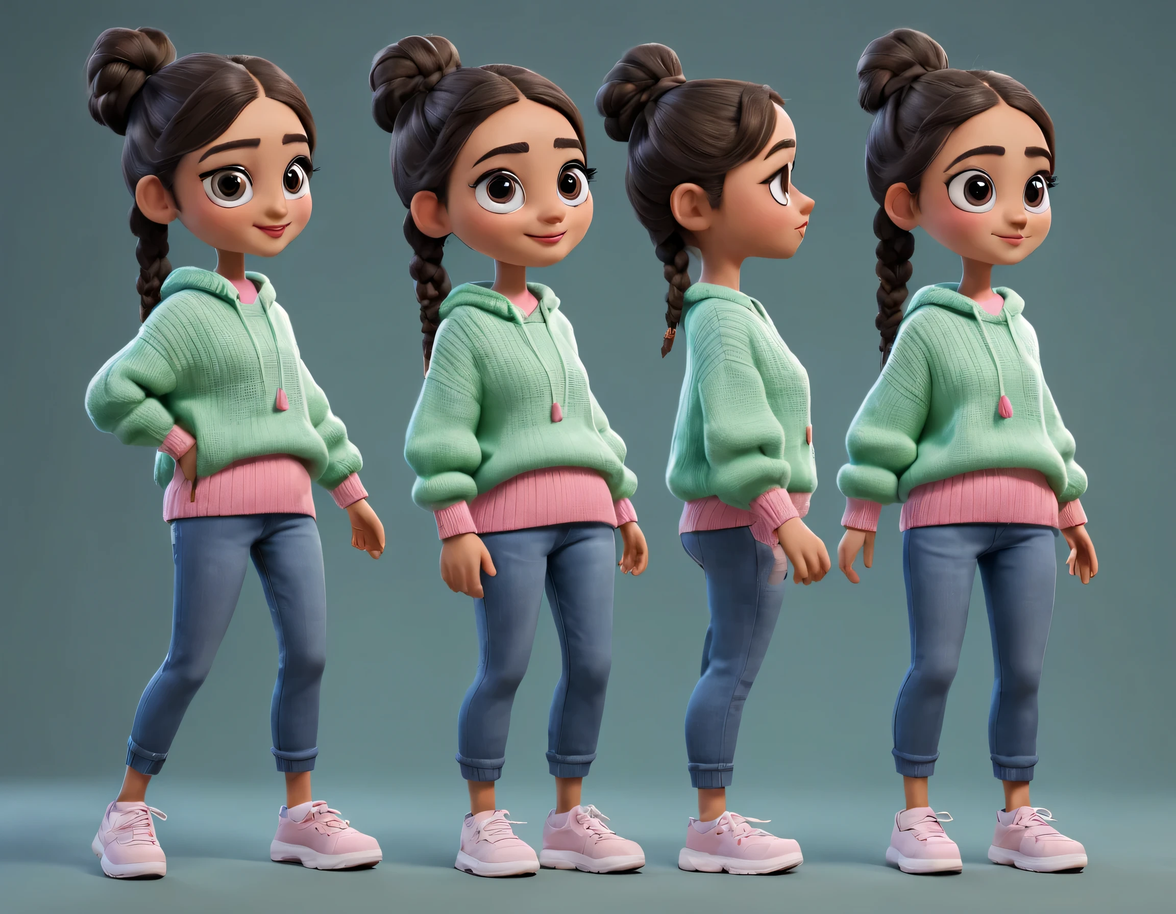 character design sheet, whole body, front, the same cartoon girl humming and walking, Wearing designs in different colors, pretty face, big eyes, White double braids, blue sweater, green sweater, pink sweater, gray baggy pants, role conception, Unreal Engine, Pixar style, cartoon, 3d rendering, yarn, puppet, detailed role conception, best quality, Super details, 8k,