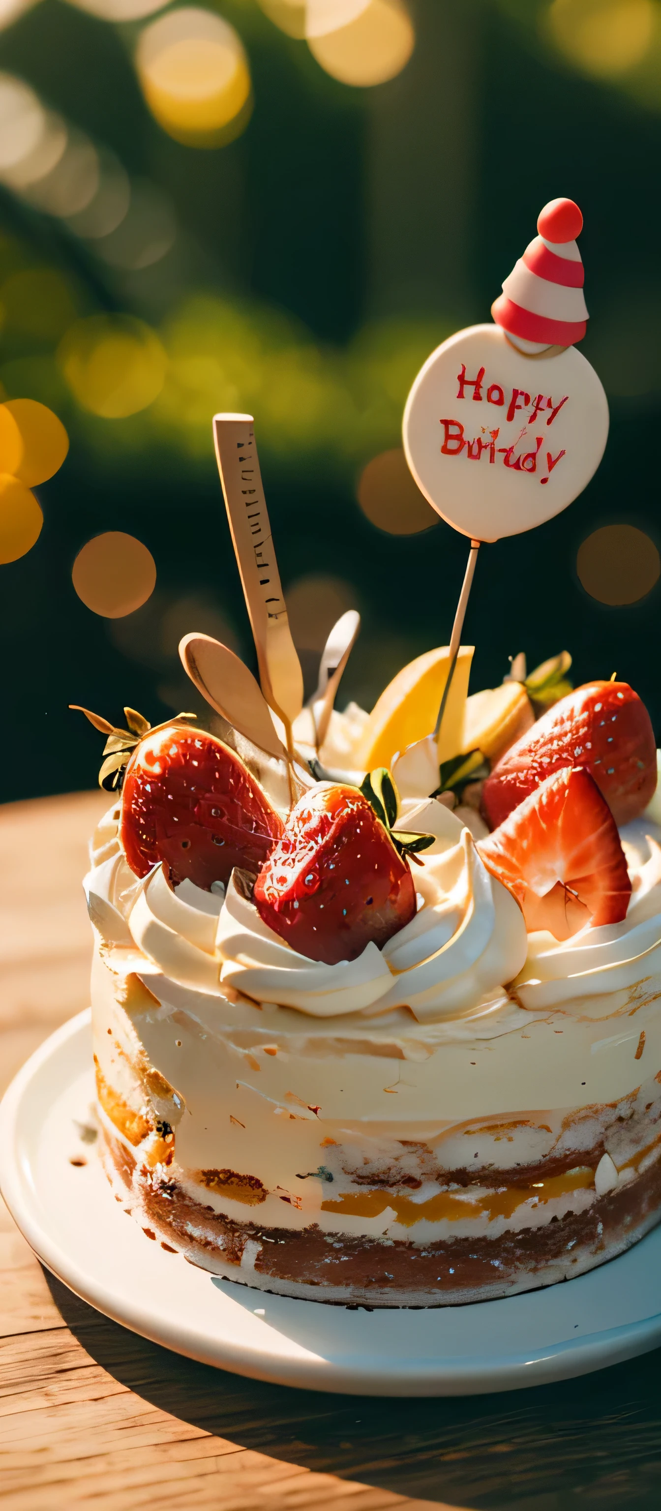 beautiful birthday cake:1.4,strawberry. lifelike, tasty.Fresh and bright light and shadow.bokeh background.leave a space
