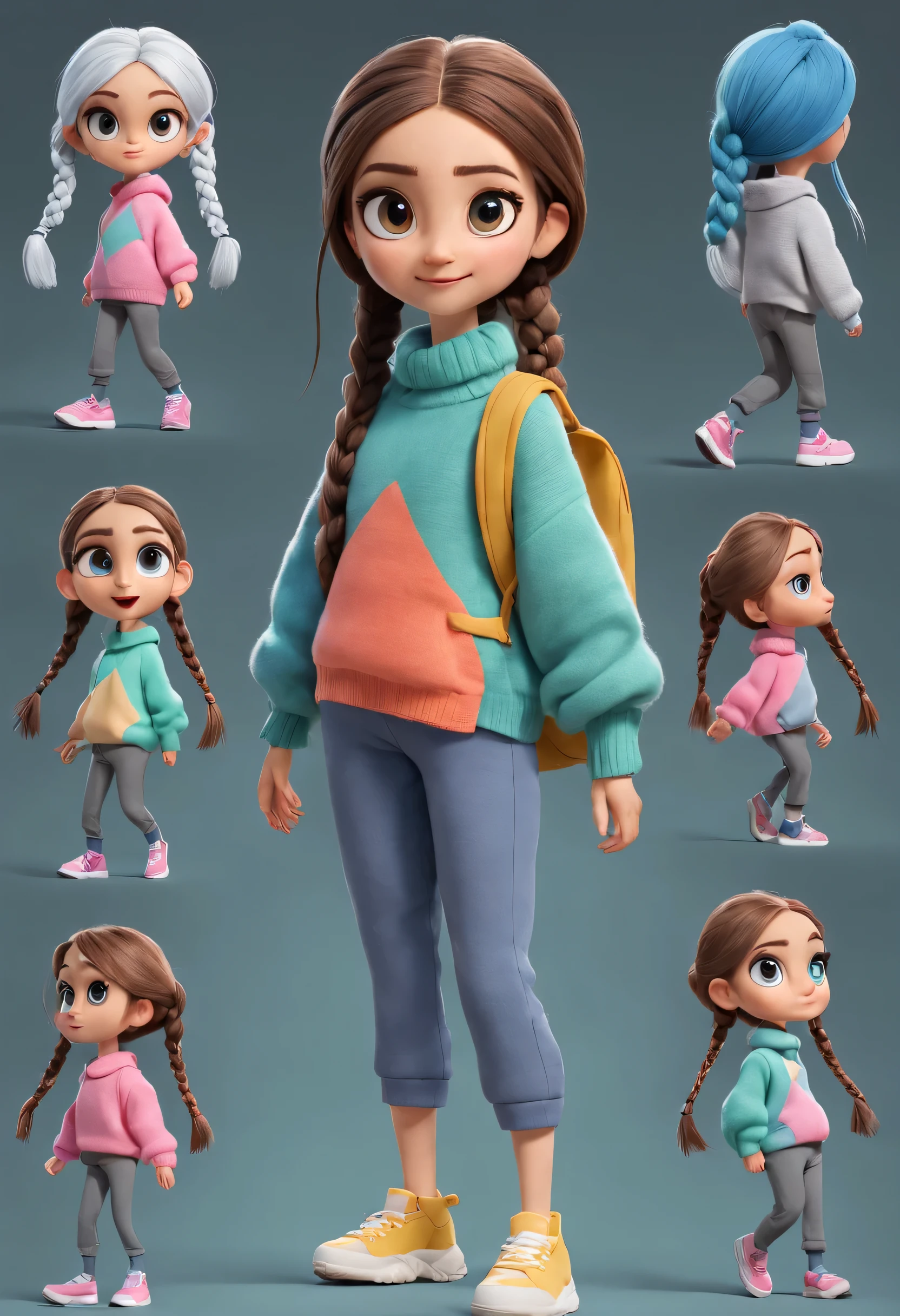 character design sheet, whole body, front, the same cartoon girl humming and walking, Wearing designs in different colors, pretty face, big eyes, White double braids, blue sweater, green sweater, pink sweater, gray baggy pants, role conception, Unreal Engine, Pixar style, cartoon, 3d rendering, yarn, puppet, detailed role conception, best quality, Super details, 8k,