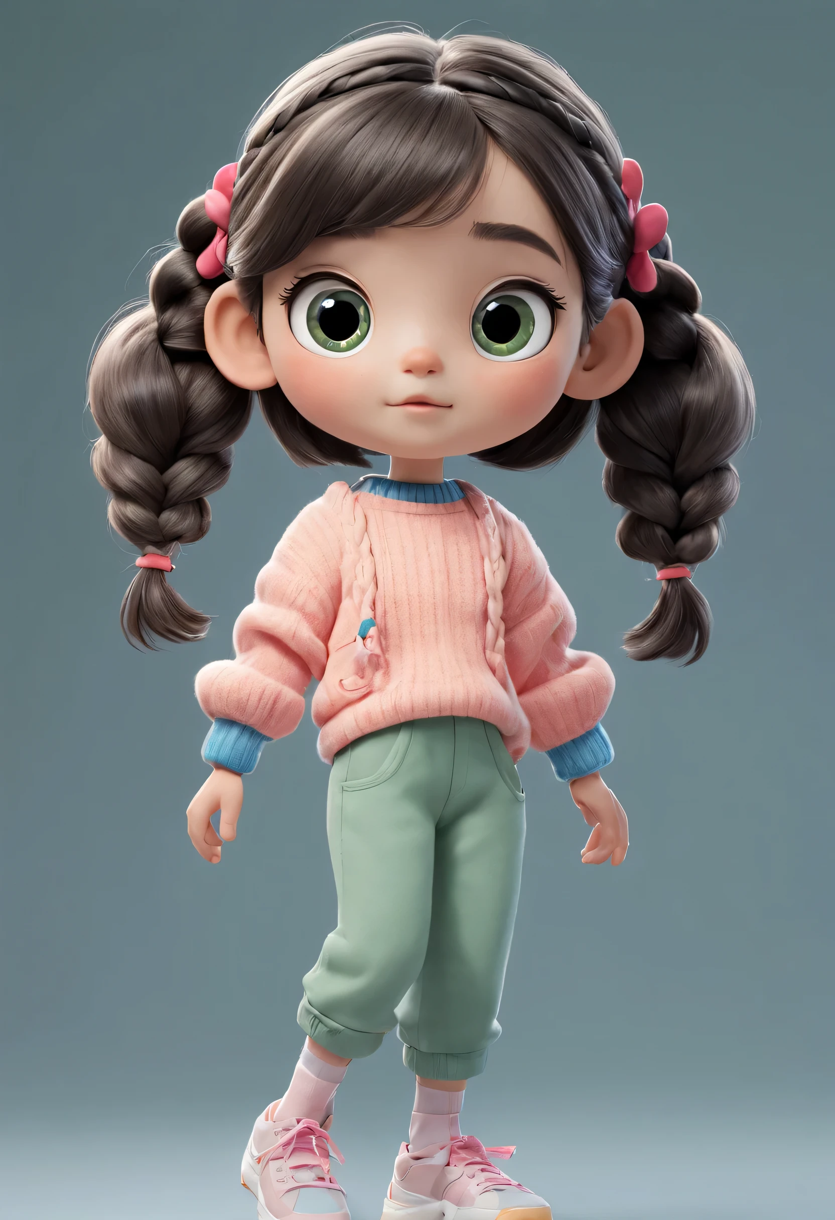 character design sheet, whole body, front, the same cartoon girl humming and walking, Wearing designs in different colors, pretty face, big eyes, White double braids, blue sweater, green sweater, pink sweater, gray baggy pants, role conception, Unreal Engine, Pixar style, cartoon, 3d rendering, yarn, puppet, detailed role conception, best quality, Super details, 8k,