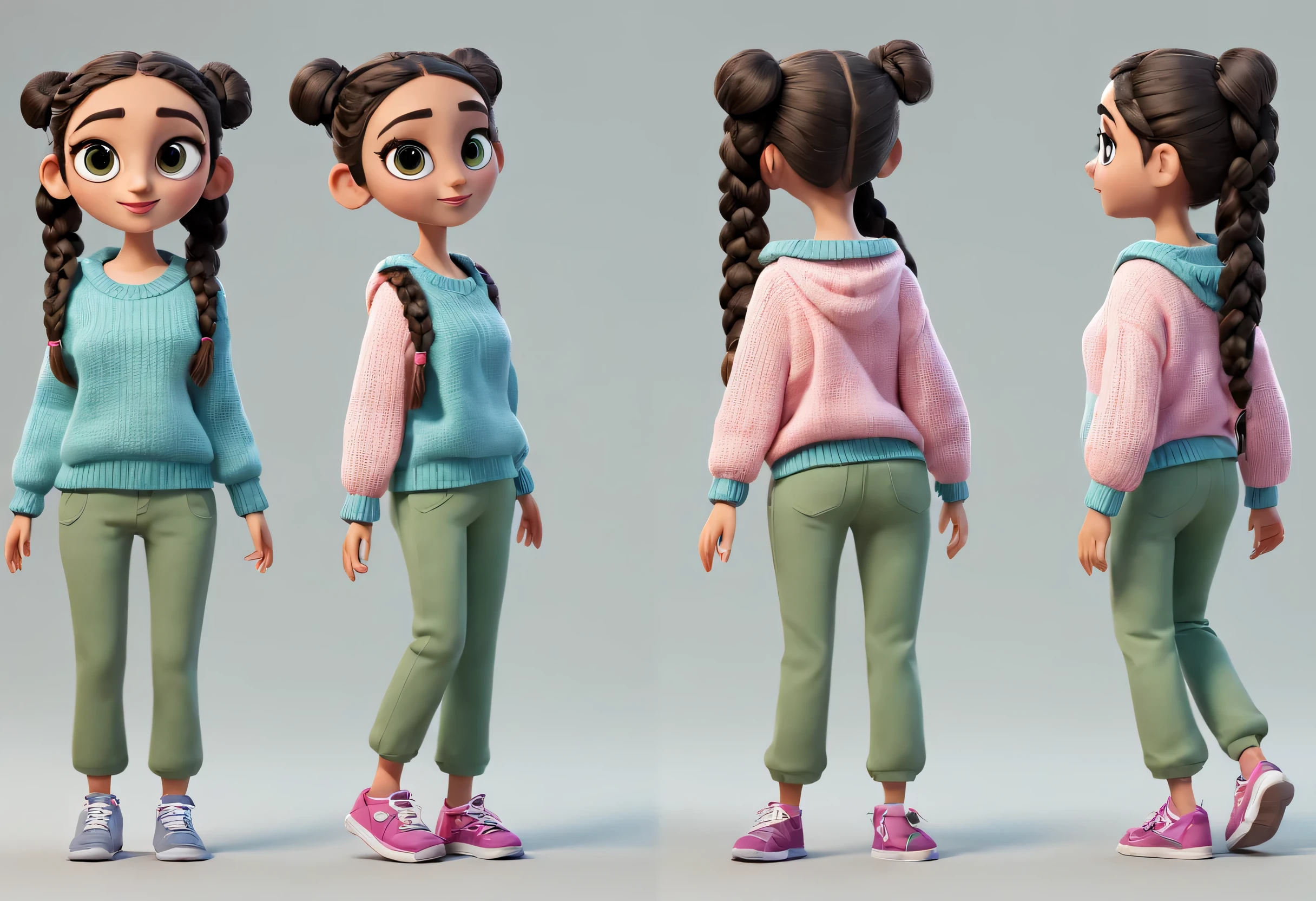 character design sheet, whole body, front, the same cartoon girl humming and walking, Wearing designs in different colors, pretty face, big eyes, White double braids, blue sweater, green sweater, pink sweater, gray baggy pants, role conception, Unreal Engine, Pixar style, cartoon, 3d rendering, yarn, puppet, detailed role conception, best quality, Super details, 8k,