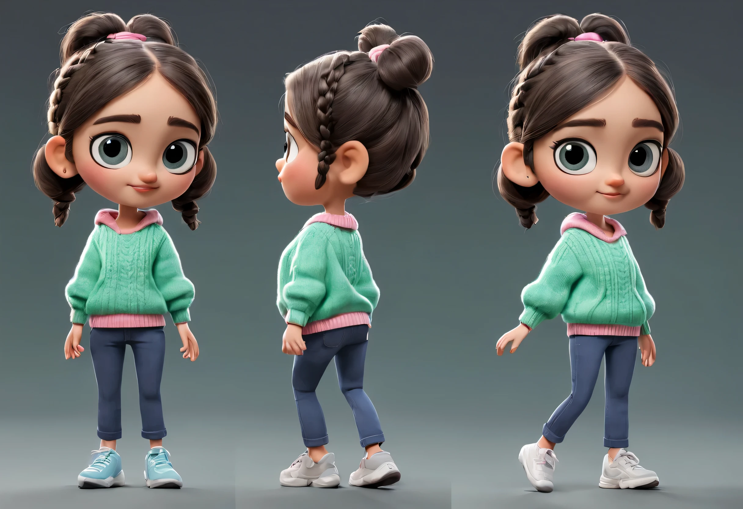 character design sheet, whole body, front, the same cartoon girl humming and walking, Wearing designs in different colors, pretty face, big eyes, White double braids, blue sweater, green sweater, pink sweater, gray baggy pants, role conception, Unreal Engine, Pixar style, cartoon, 3d rendering, yarn, puppet, detailed role conception, best quality, Super details, 8k,