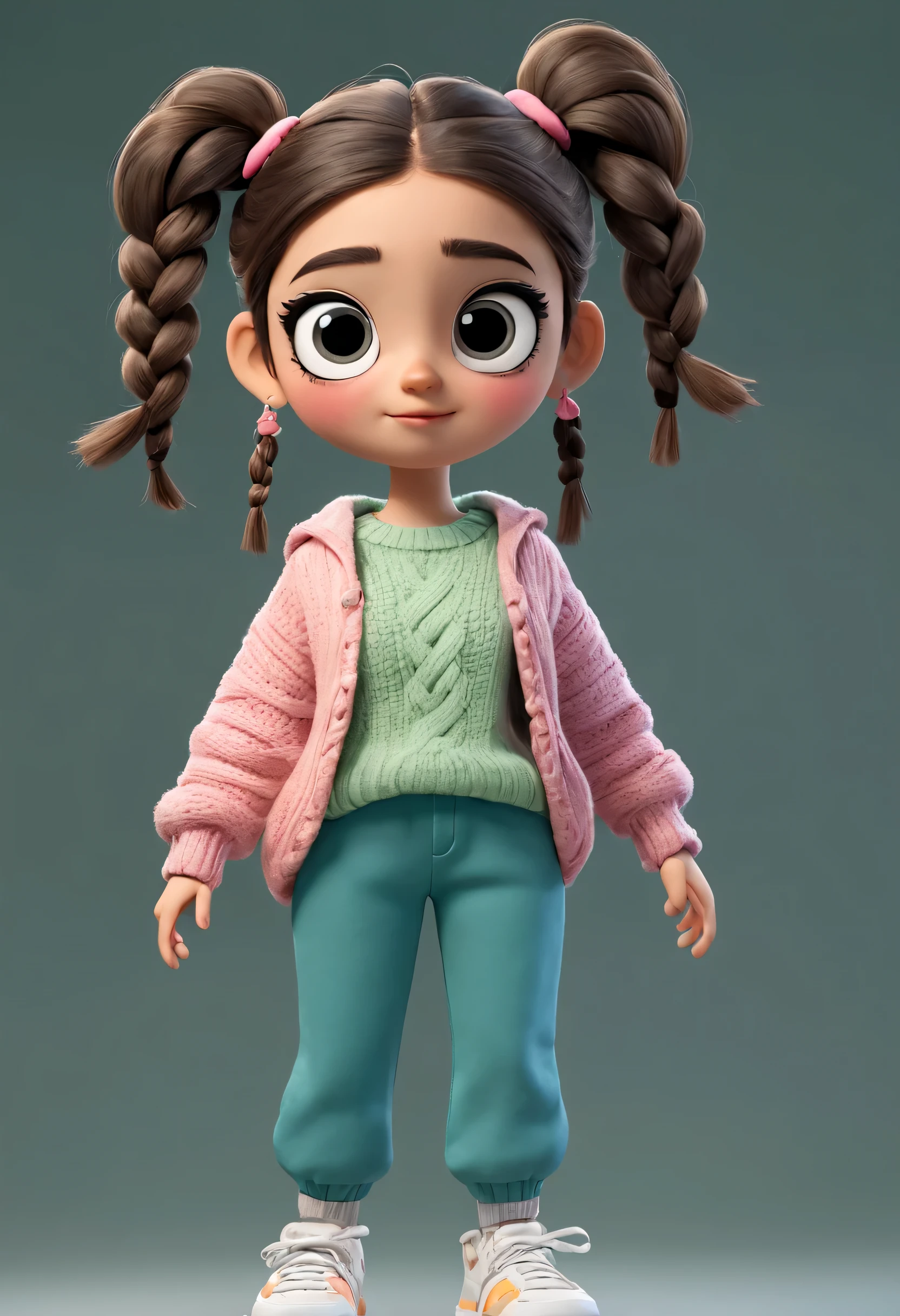character design sheet, whole body, front, the same cartoon girl humming and walking, Wearing designs in different colors, pretty face, big eyes, White double braids, blue sweater, green sweater, pink sweater, gray baggy pants, role conception, Unreal Engine, Pixar style, cartoon, 3d rendering, yarn, puppet, detailed role conception, best quality, Super details, 8k,